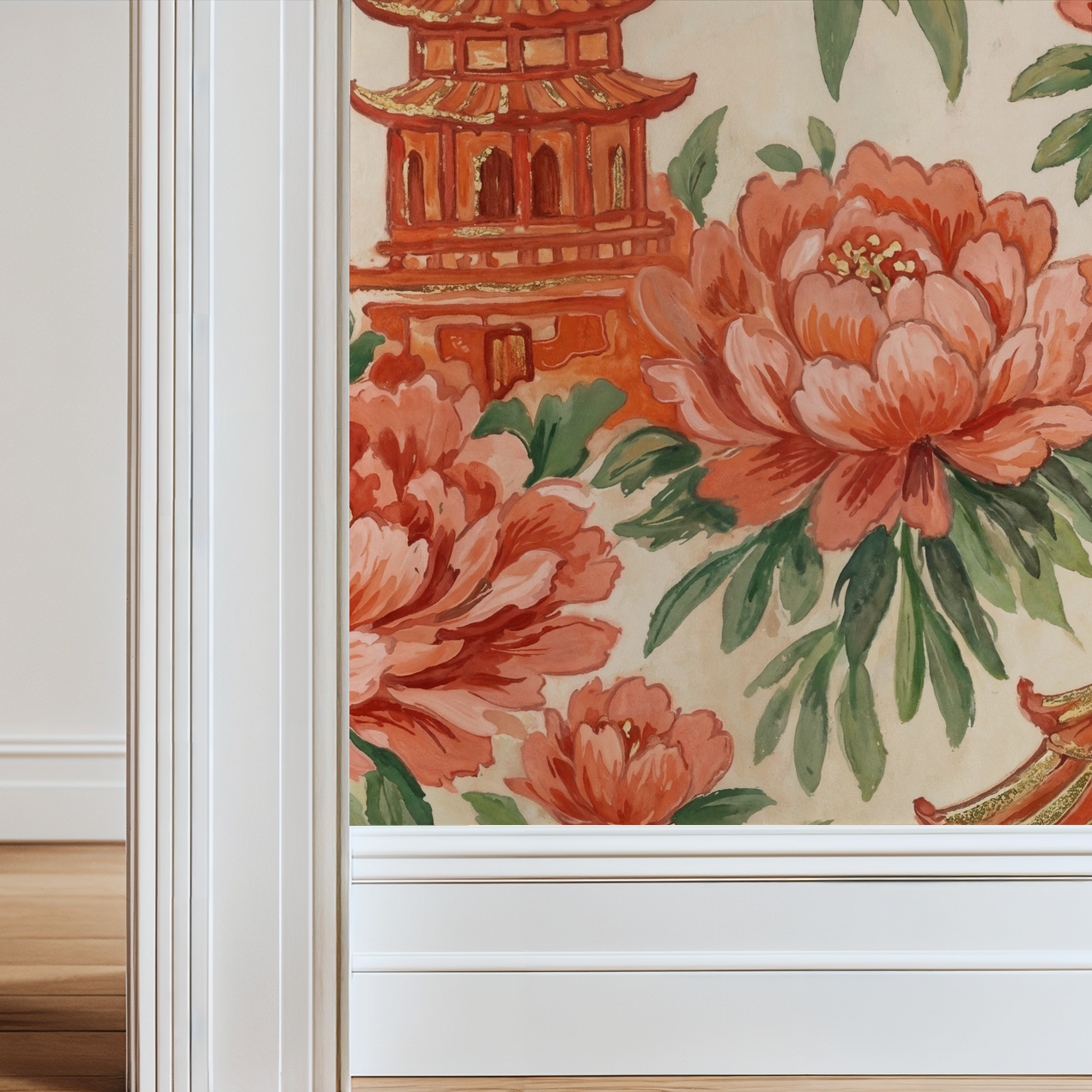 Close-up of floral and pagoda design on a fabric swatch.