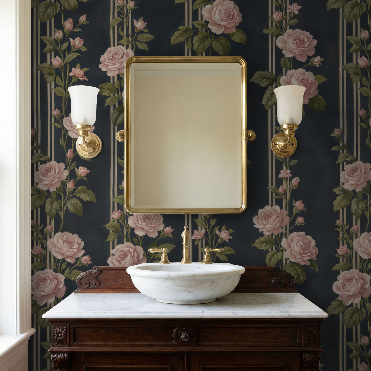Midnight Rose Stripe Wallpaper - 8 FT H X 7 FT W Peel and Stick