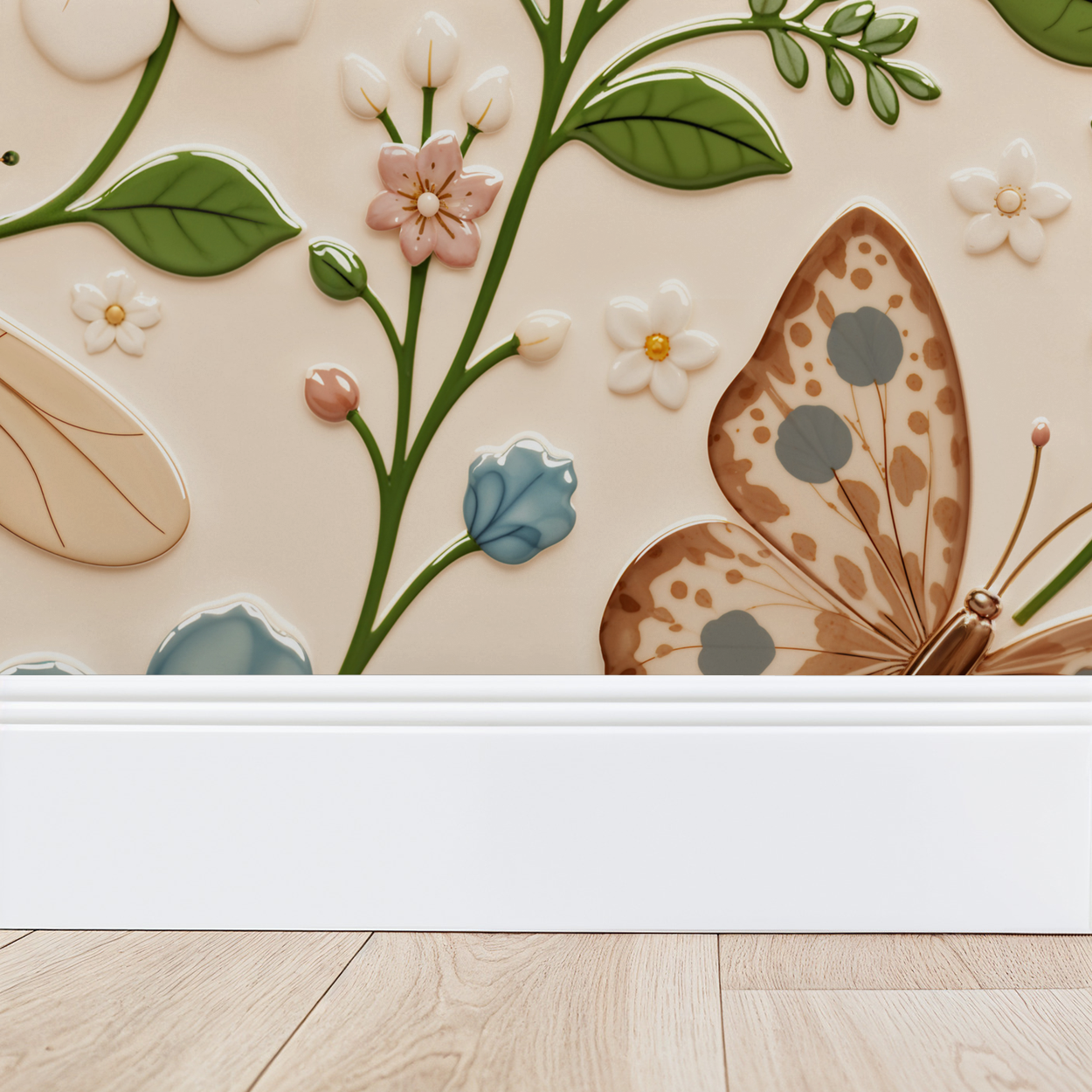 Floral wallpaper with butterflies and dragonflies on cream background near baseboard.