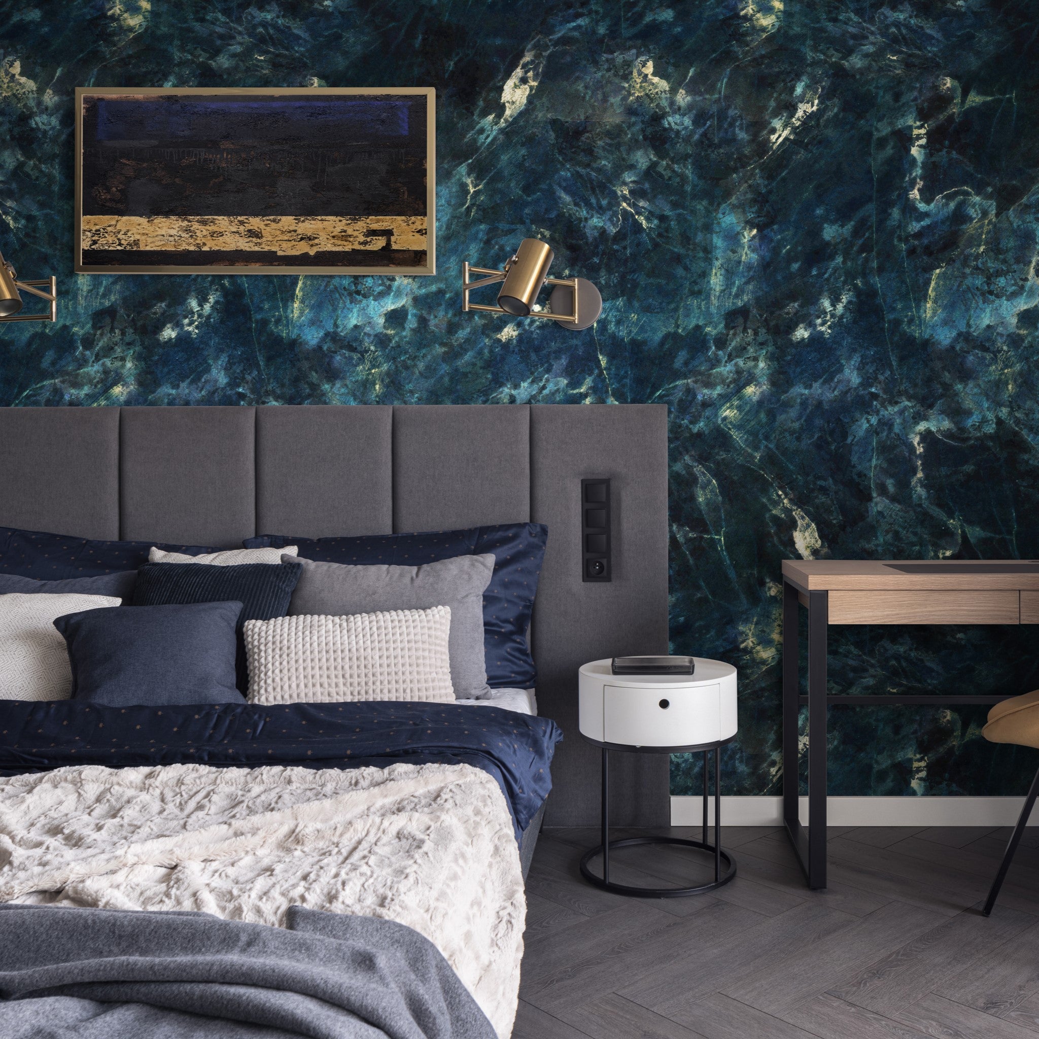 "Baudelaire Wallpaper by Wall Blush in modern bedroom showcasing the vibrant wall focused design."