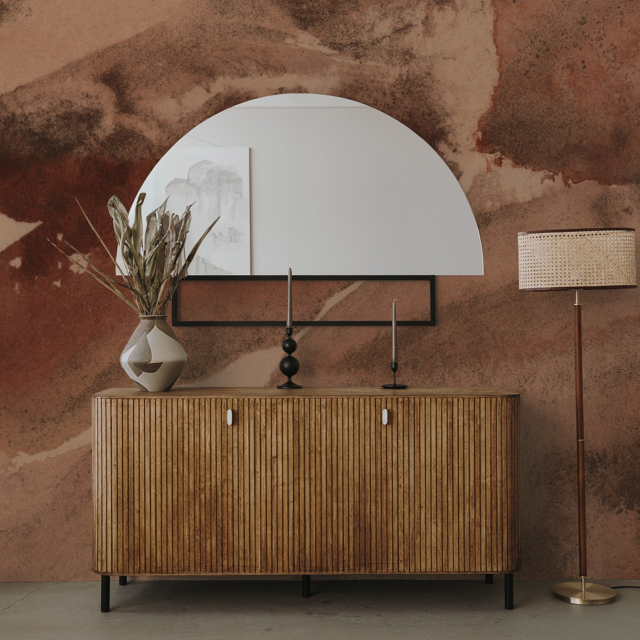 Elegant Bordeaux Wallpaper by Wall Blush adorning a modern living room wall, enhancing the space's style.