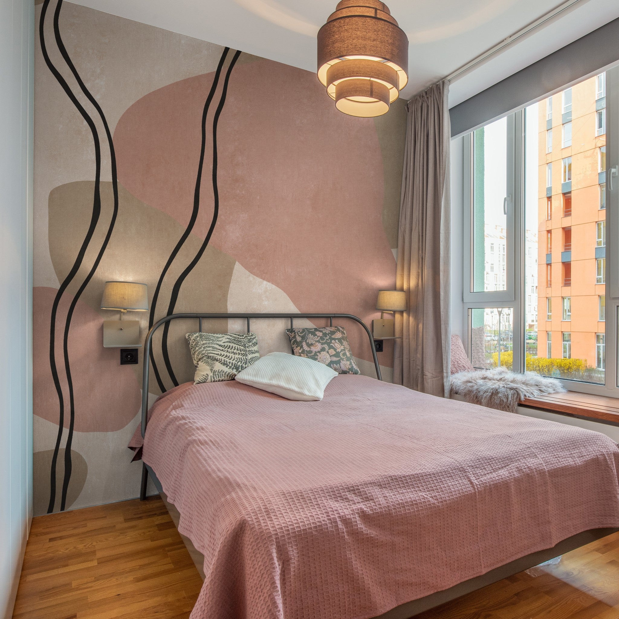 "Breve Wallpaper by Wall Blush enhancing modern bedroom decor with artistic design and cozy ambiance, focus on wallpaper."