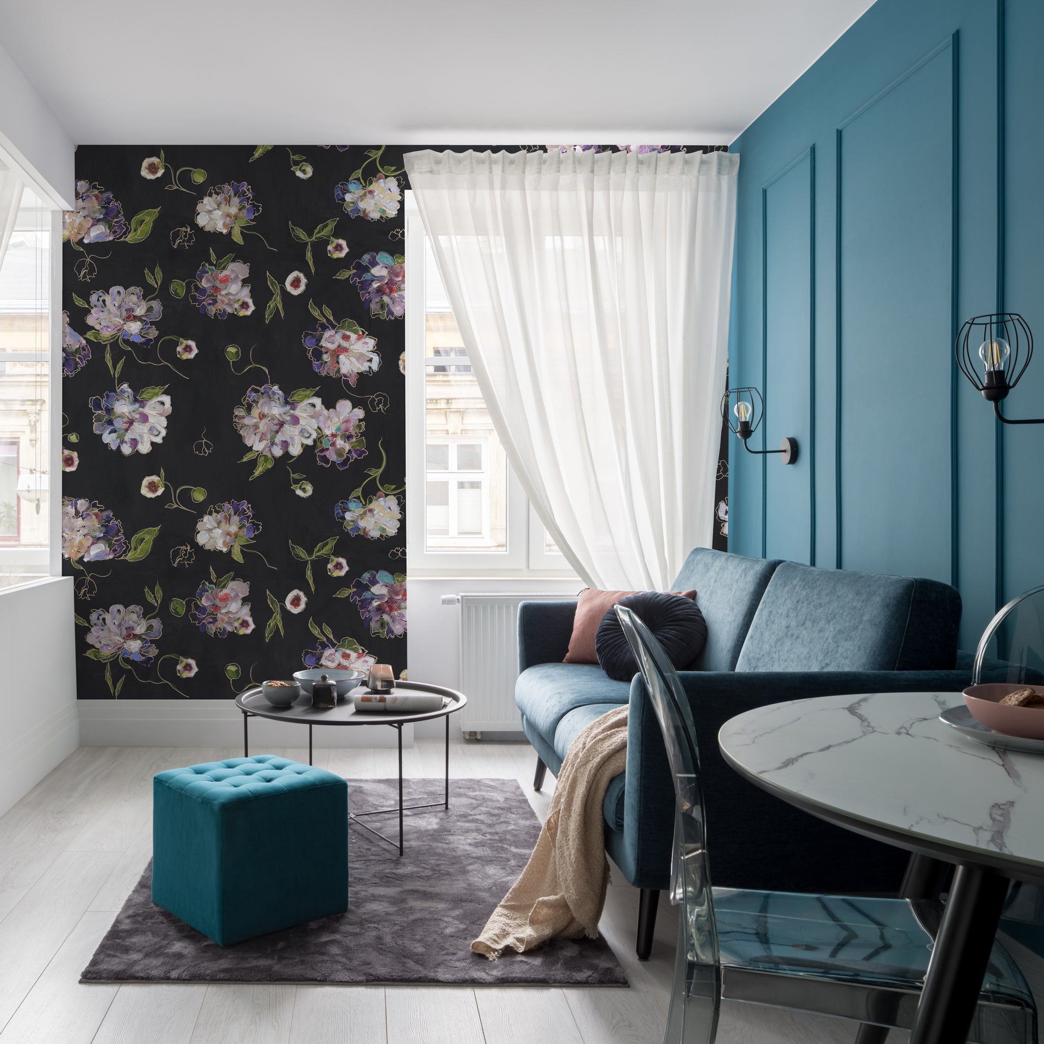 "Wall Blush Julie Wallpaper in a modern living room with stylish decor and accent furniture."