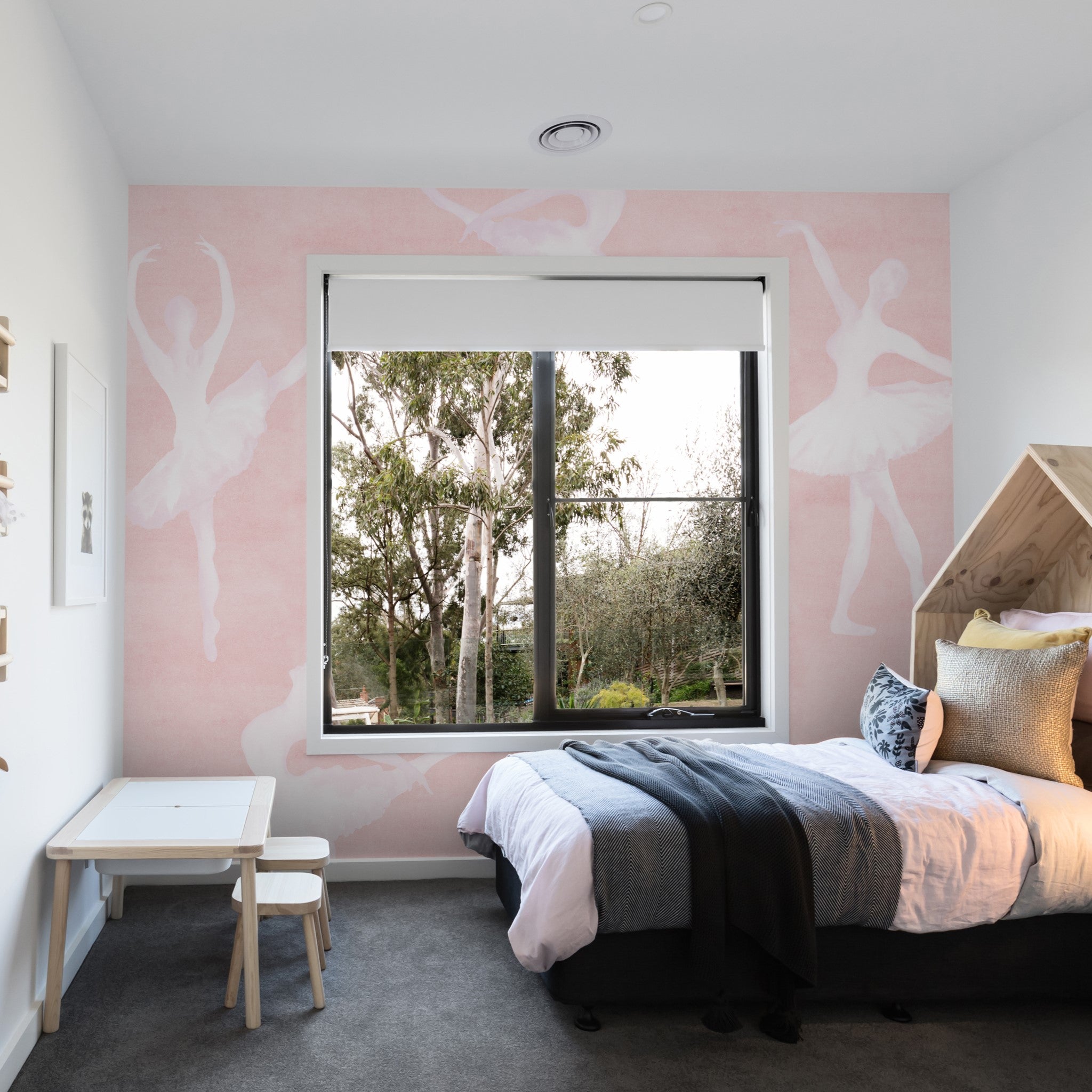 Wall Blush's Pirouette Pattern Edition Wallpaper featured in a stylish bedroom setting, highlighting the elegant design.