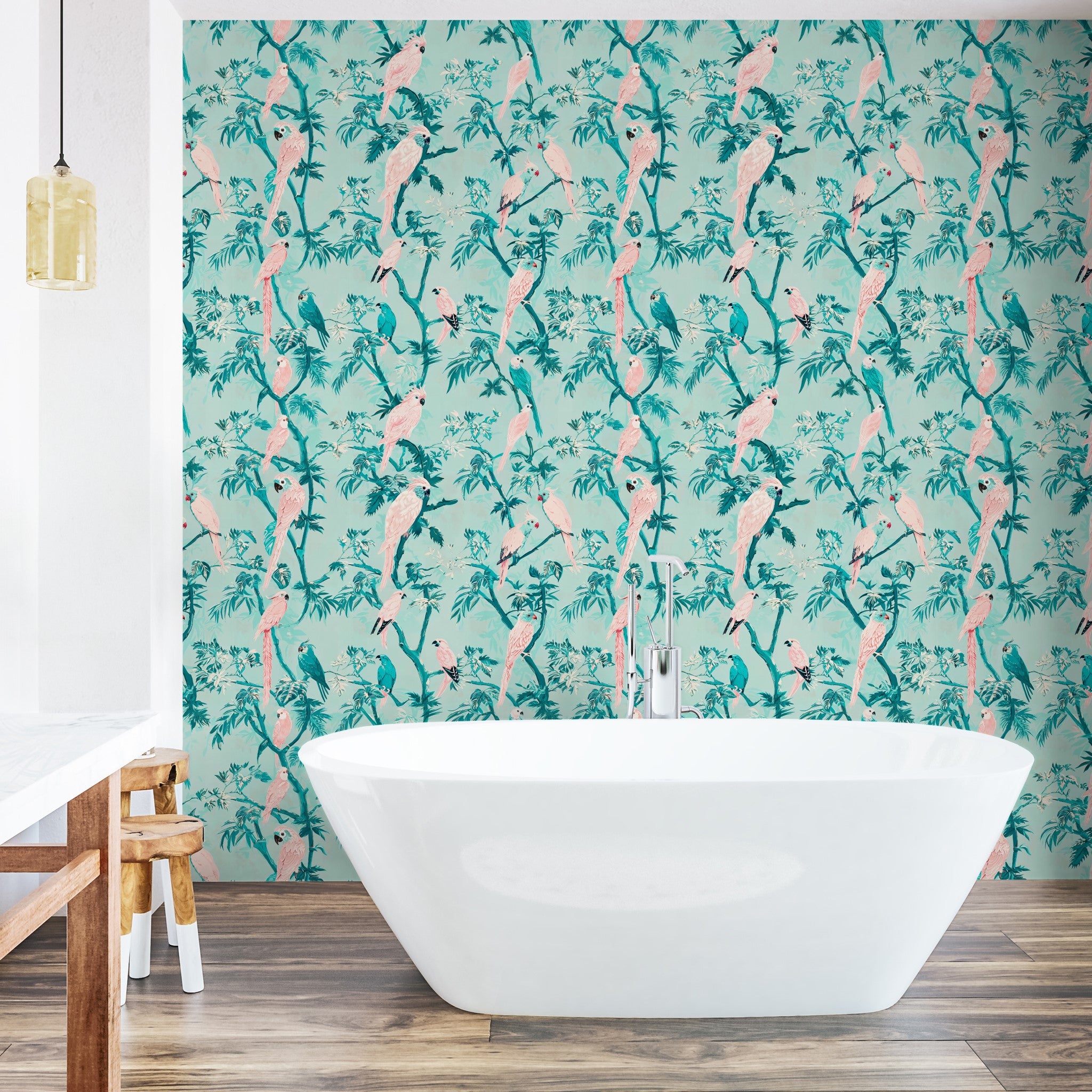 "Kawaii Wallpaper by Wall Blush with pink birds in a stylish bathroom, highlighting elegant wall decor focus."