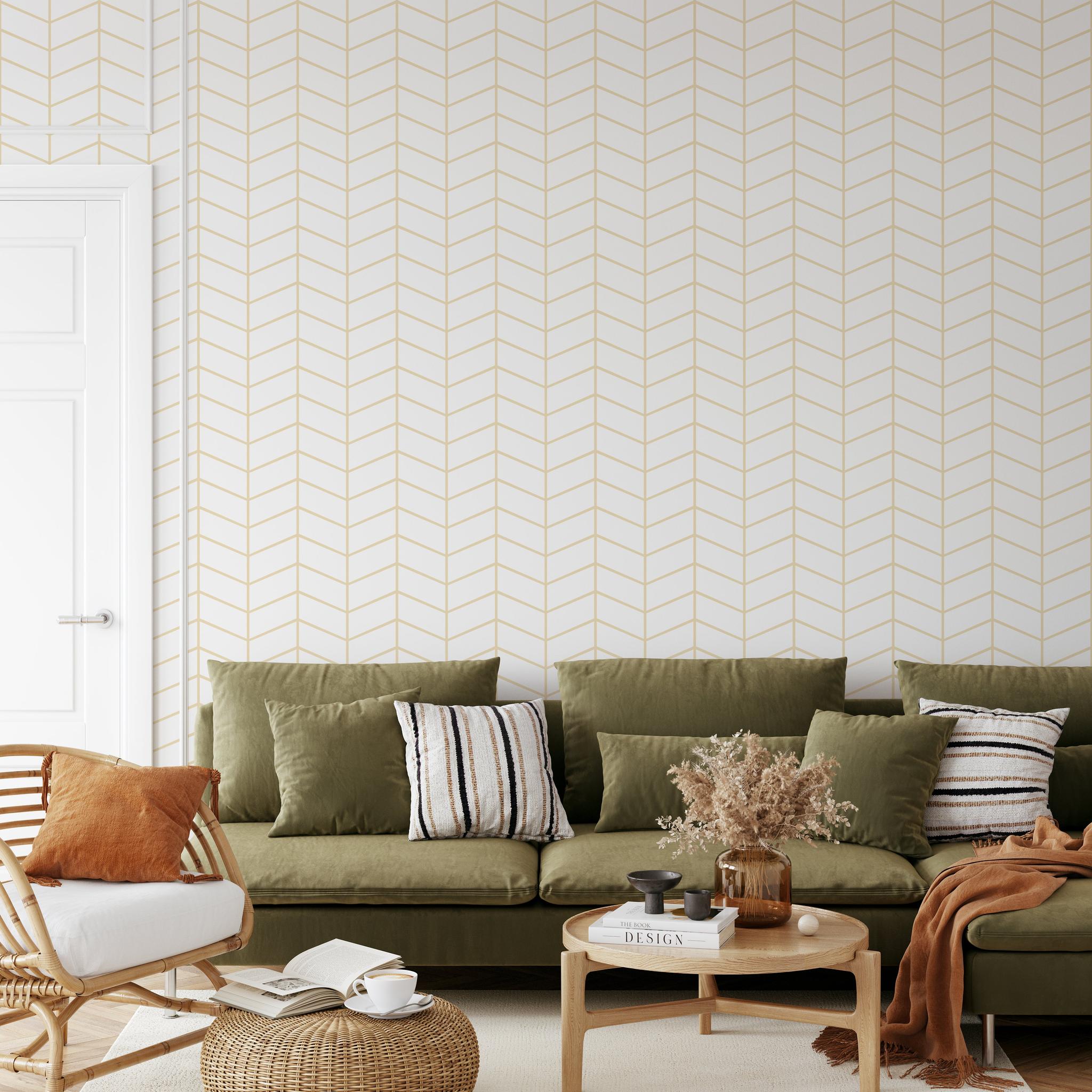 "Chevy Girl Wallpaper by Wall Blush in stylish living room with olive green sofa and modern decor."