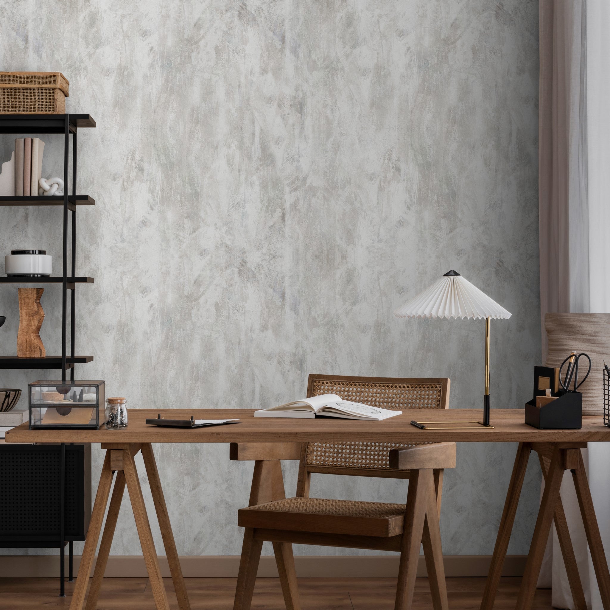 "Elegant Muse Wallpaper by Wall Blush in a modern home office setting, emphasizing sophisticated room design."