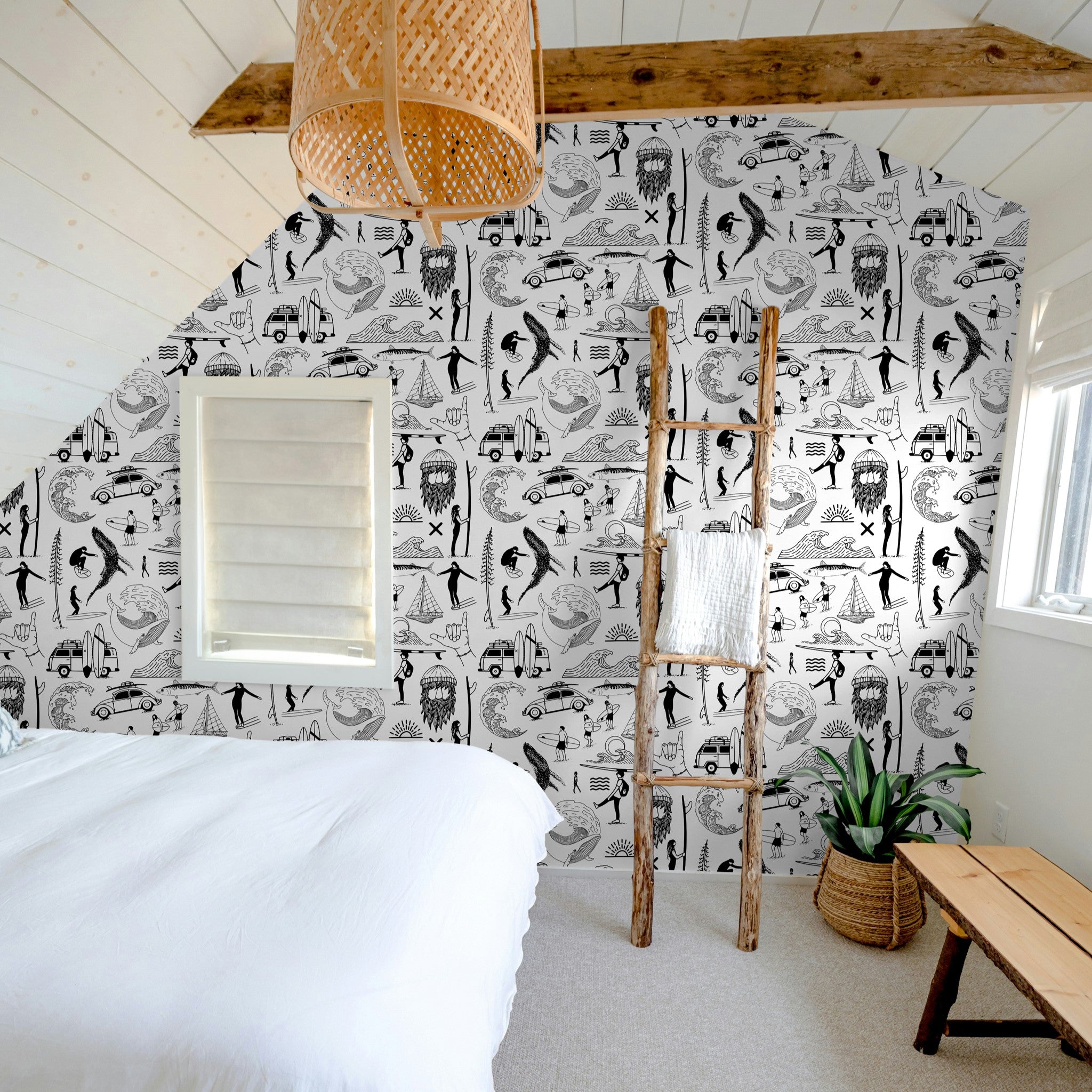"Saltwater Surf Wallpaper by Wall Blush accentuating the bedroom's decor with its playful design."