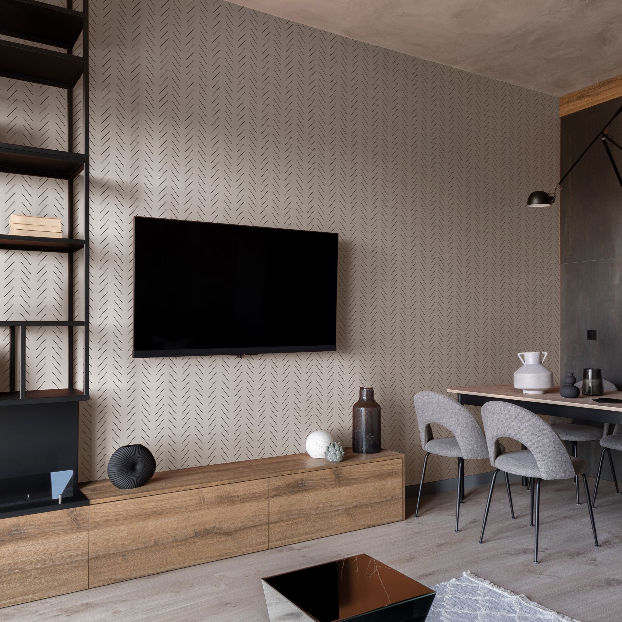 "Stylish living room featuring Oliver Wallpaper by Wall Blush with a modern herringbone design."