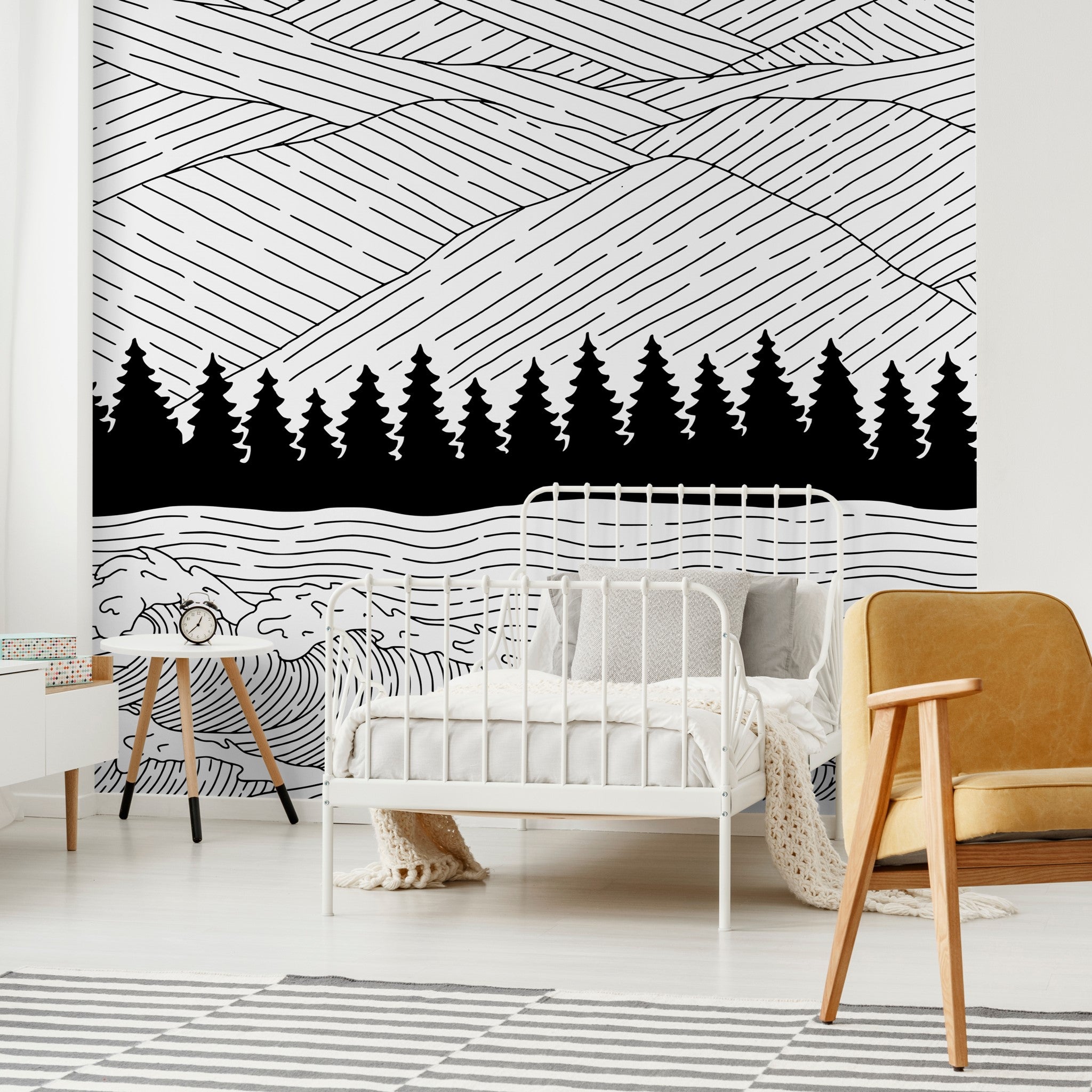 "Wall Blush 'Sea to Summit Wallpaper' in stylish bedroom, accent wall focus, modern decor"
