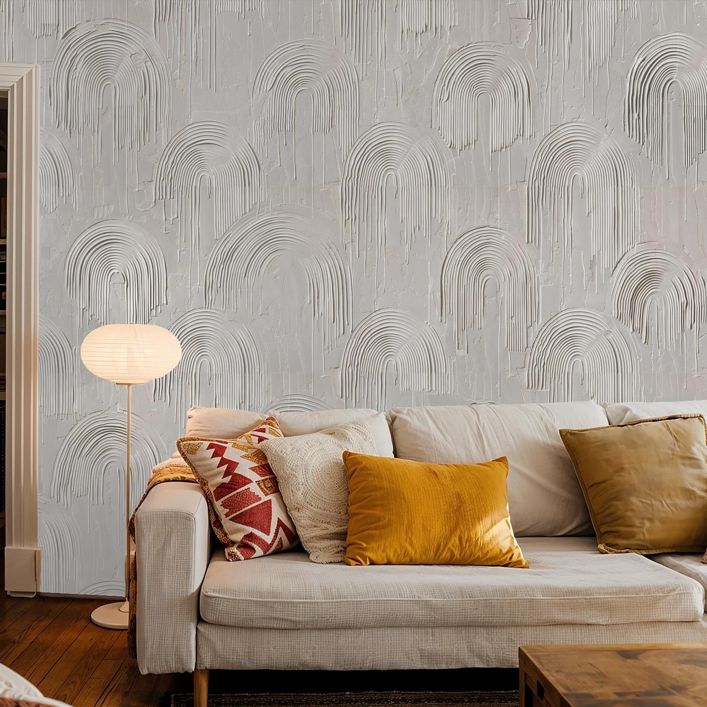 "Zen Wallpaper by Wall Blush in cozy living room, elegant gray arch pattern focus"