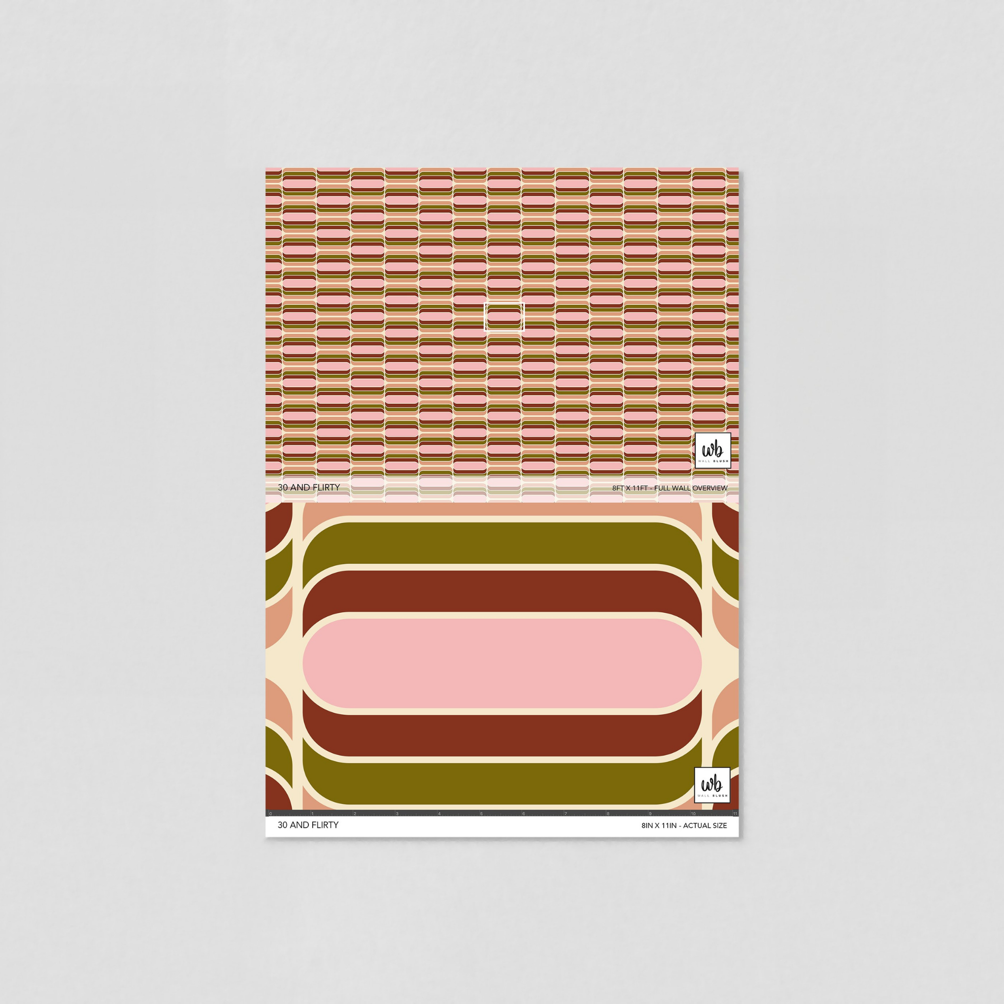 "Wall Blush '30 and Flirty Wallpaper' design in vibrant room setting, modern home decor focus."