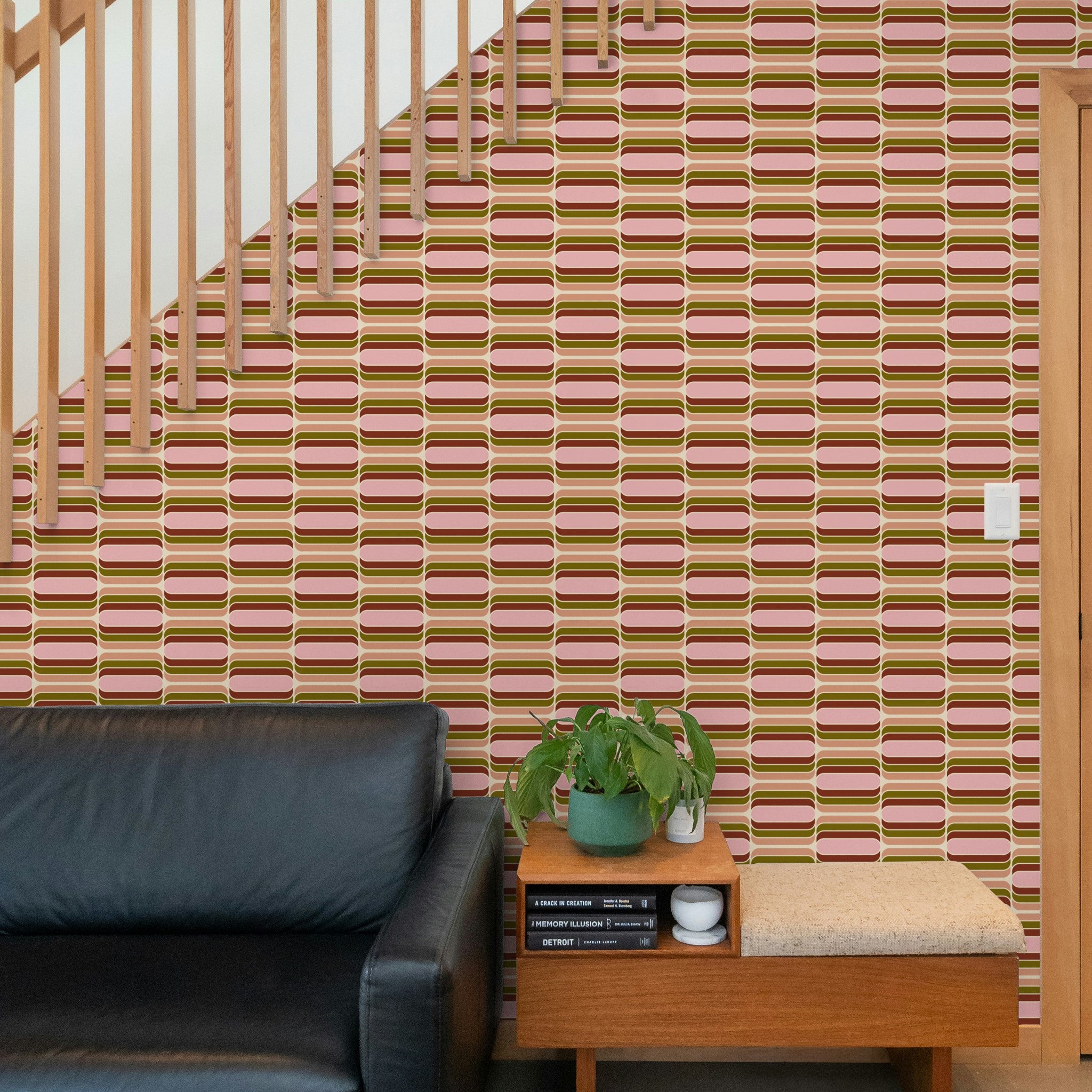 "Wall Blush's 30 and Flirty Wallpaper in a stylish living room, highlighting chic home decor and design."