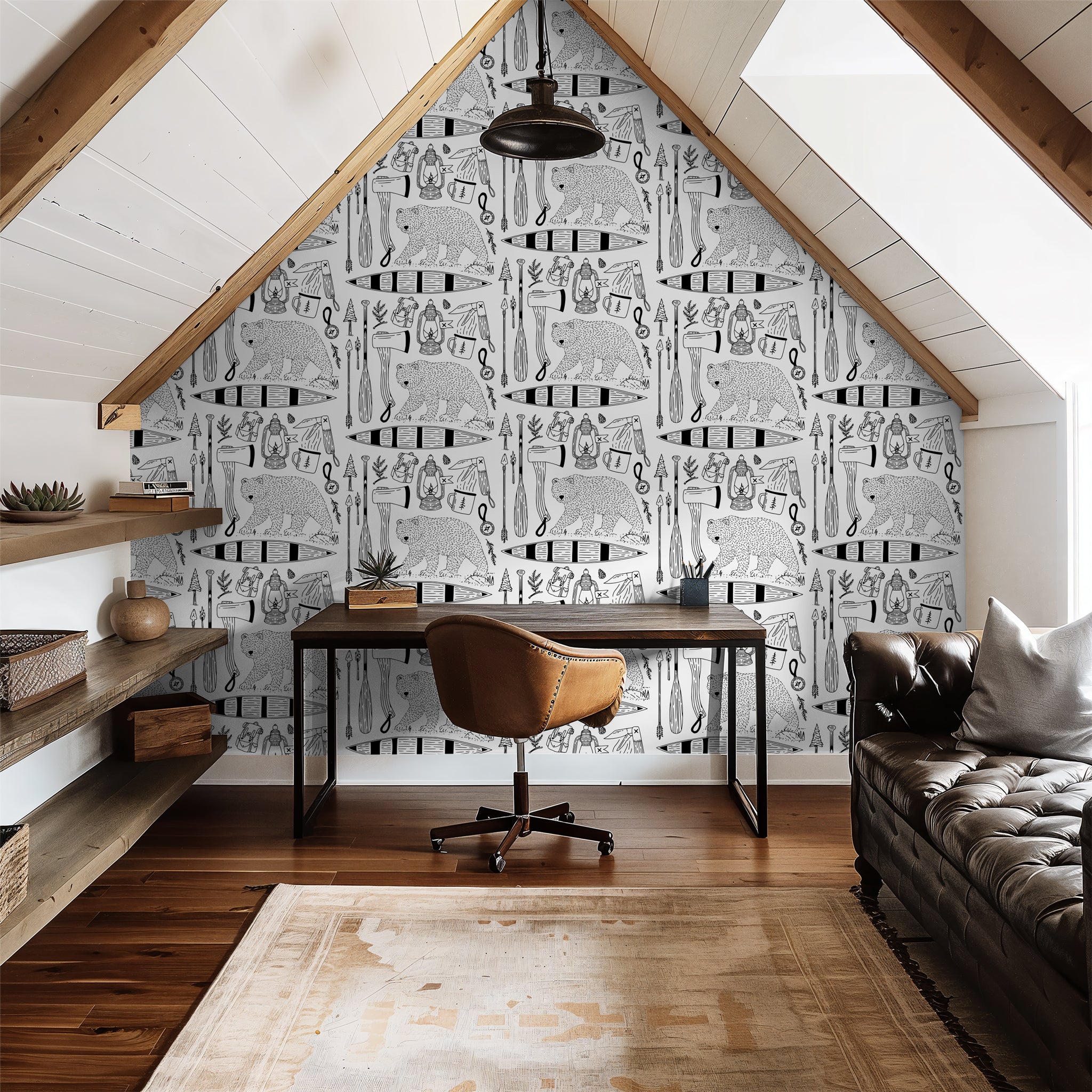 "Wall Blush Trail Blazer Wallpaper featured in stylish home office with modern decor and furniture."
