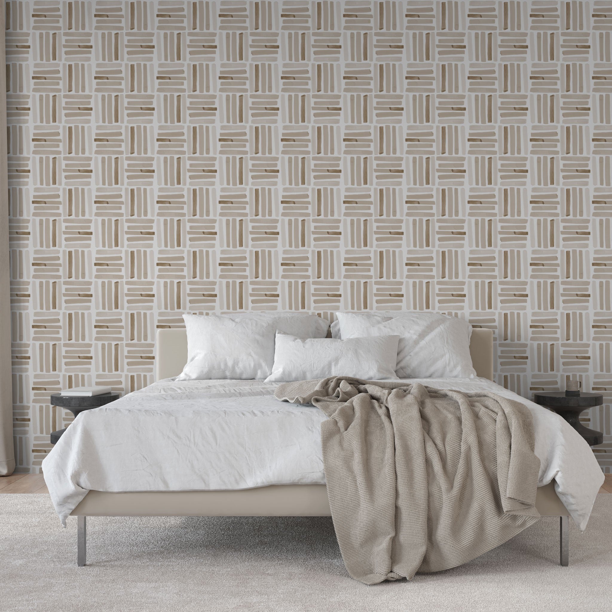 "Dewey Wallpaper by Wall Blush featured in a modern bedroom, with geometric patterns adding elegance to the space."