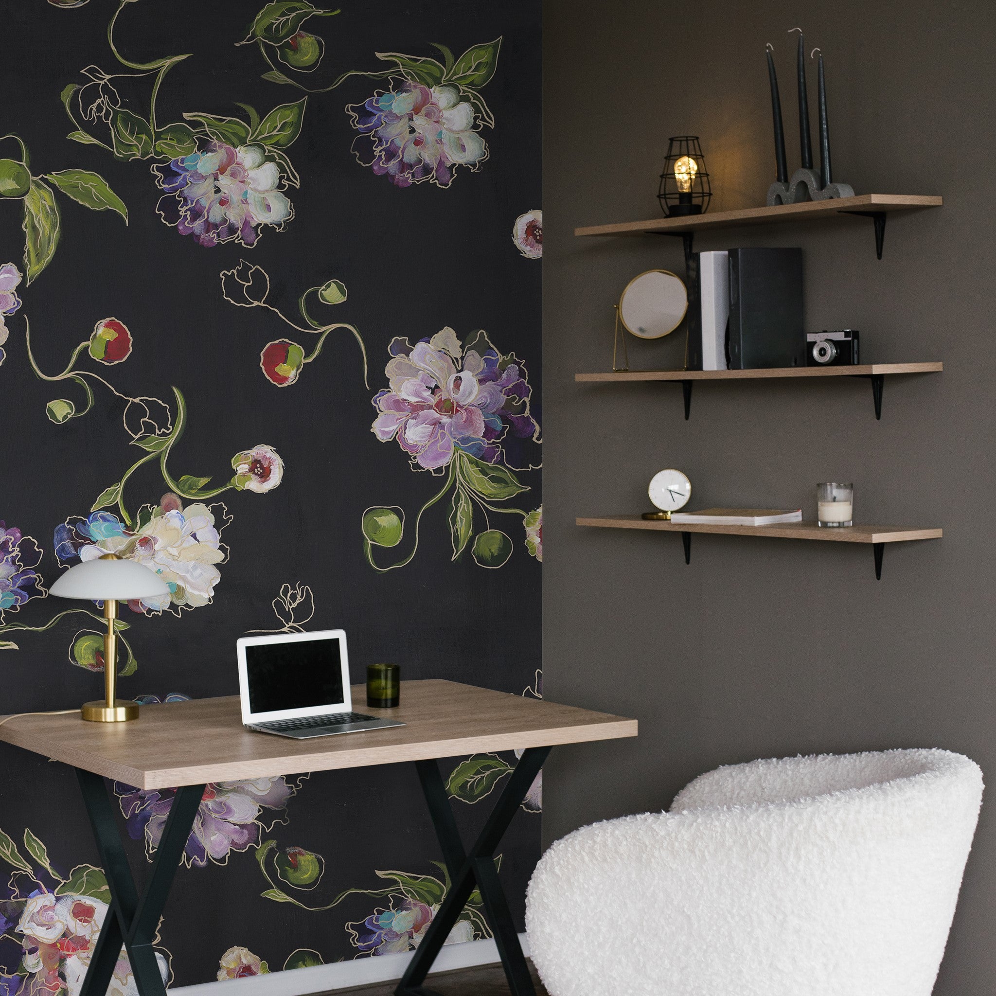 "Modern home office with Julie Wallpaper by Wall Blush, floral pattern accent wall focus."