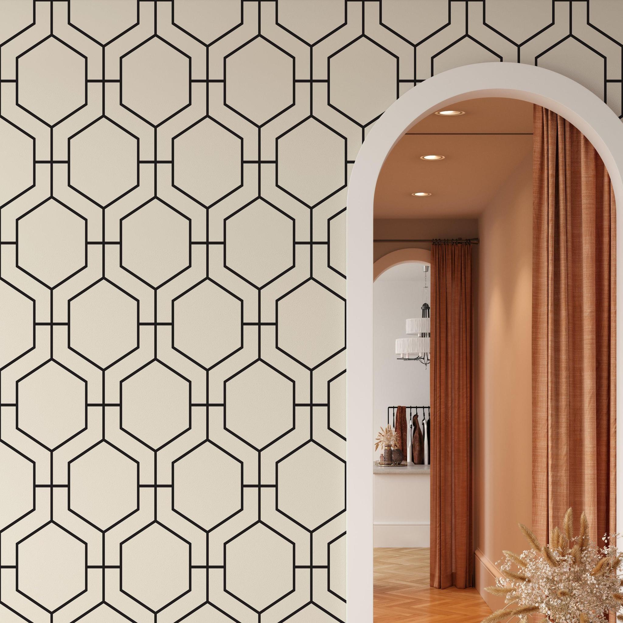 Modern Love Affair Wallpaper by The Tamra Judge Line in a stylish living room - elegant hexagonal pattern focus.