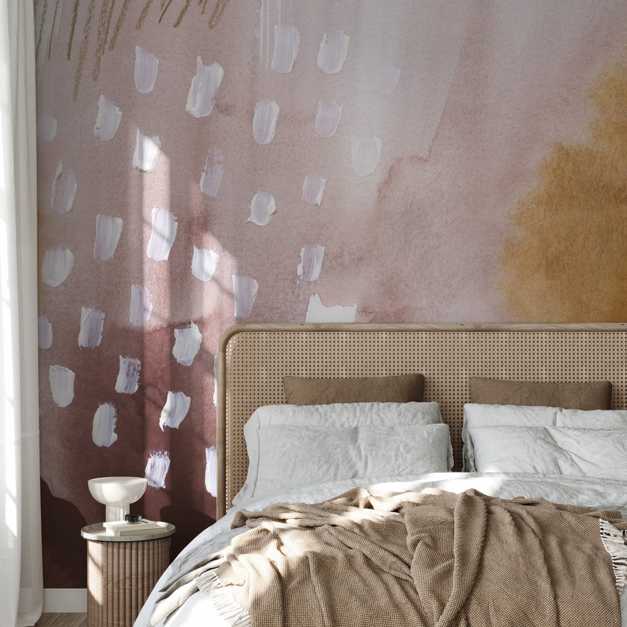 "Coachella Wallpaper by Wall Blush in a cozy bedroom, highlighting the artistic wall decor focus."
(An alt text like this aims to include the product title, brand name, and the room type as requested, while emphasizing the wallpaper as the central element in the image.)