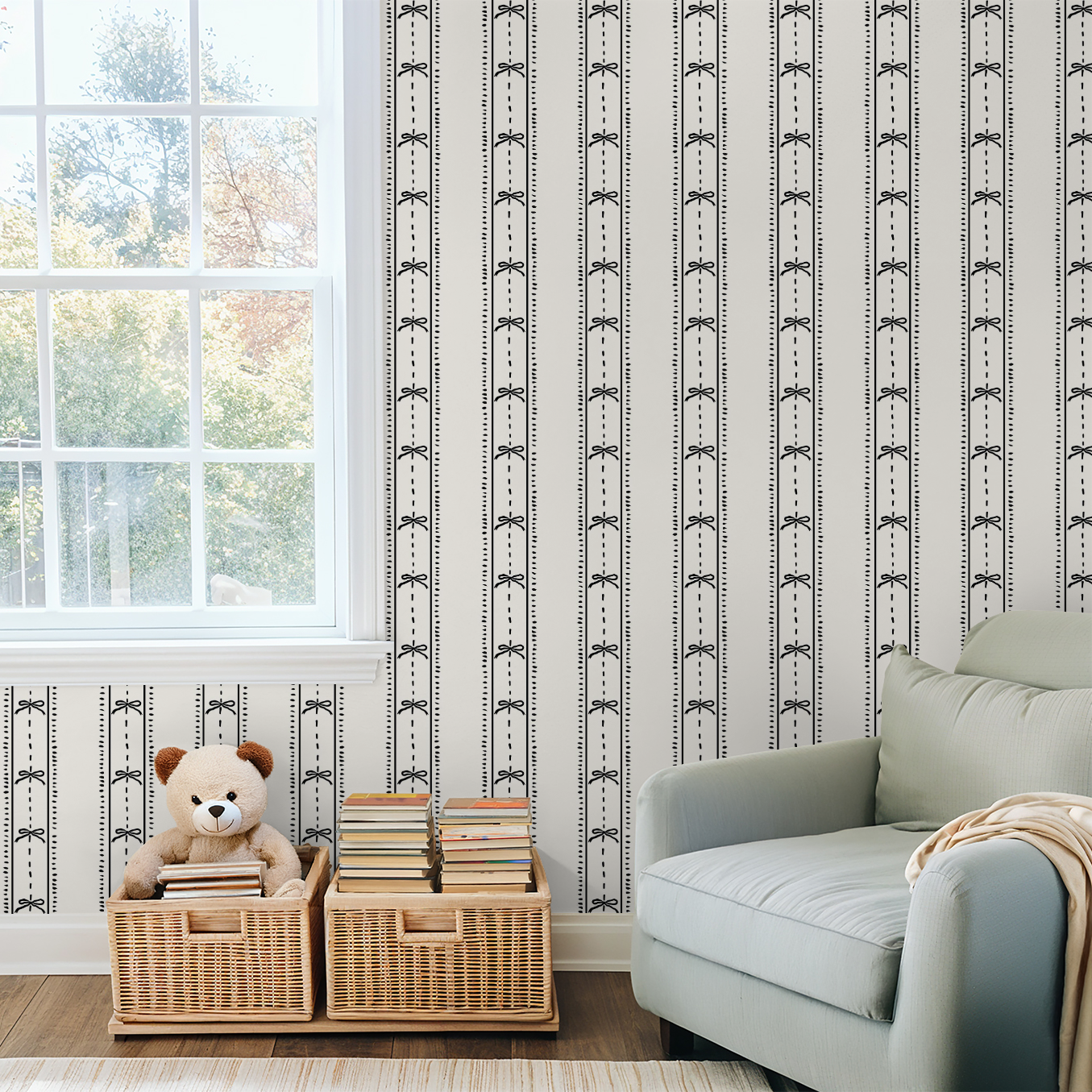 Cottage Bows (Black) Wallpaper