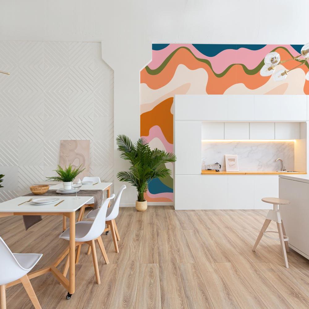 Stylish Echo Wallpaper from The Stefanie Bloom Line in a modern kitchen, featuring colorful abstract design.