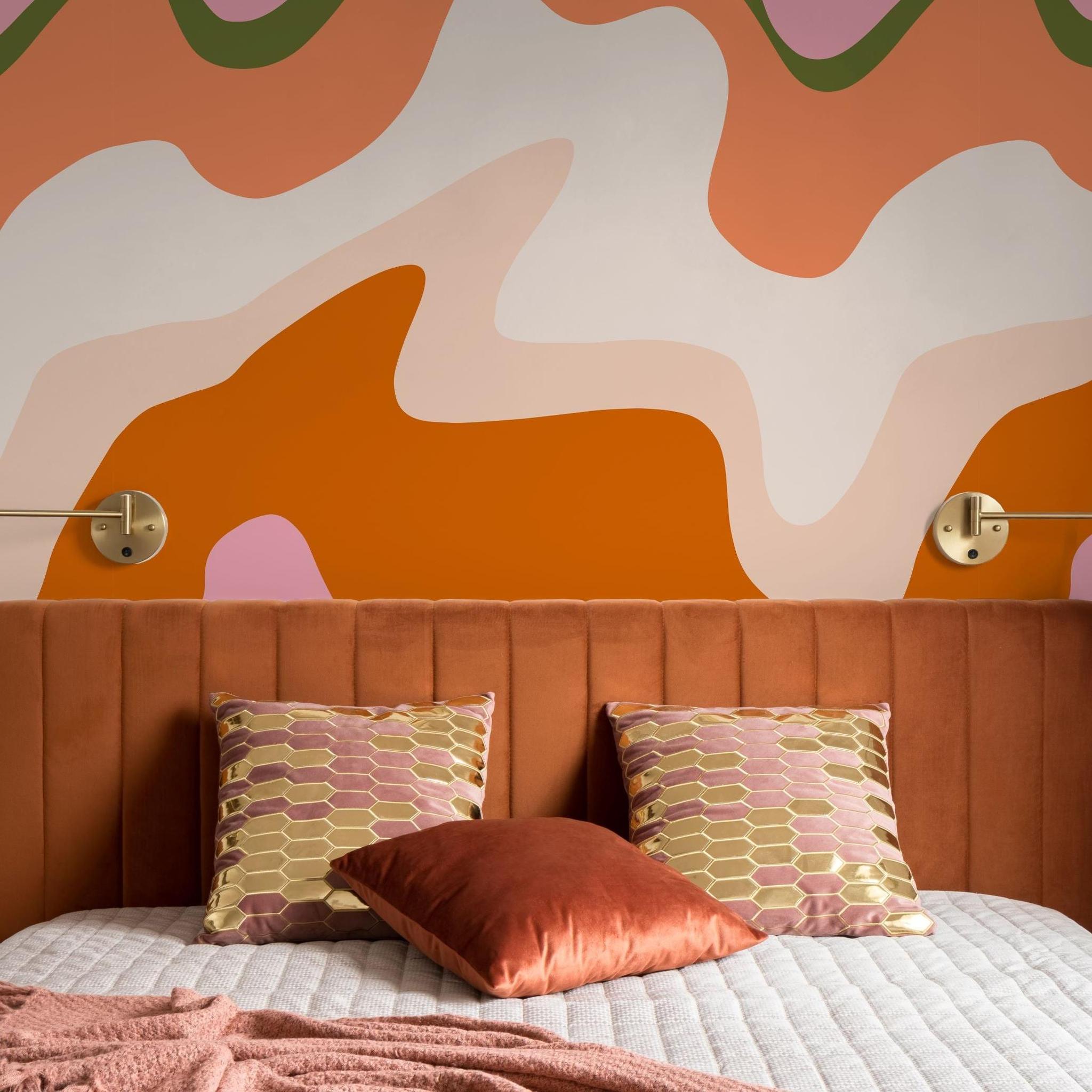 Modern bedroom showcasing vibrant Echo Wallpaper by The Stefanie Bloom Line, with focus on stylish wall design.