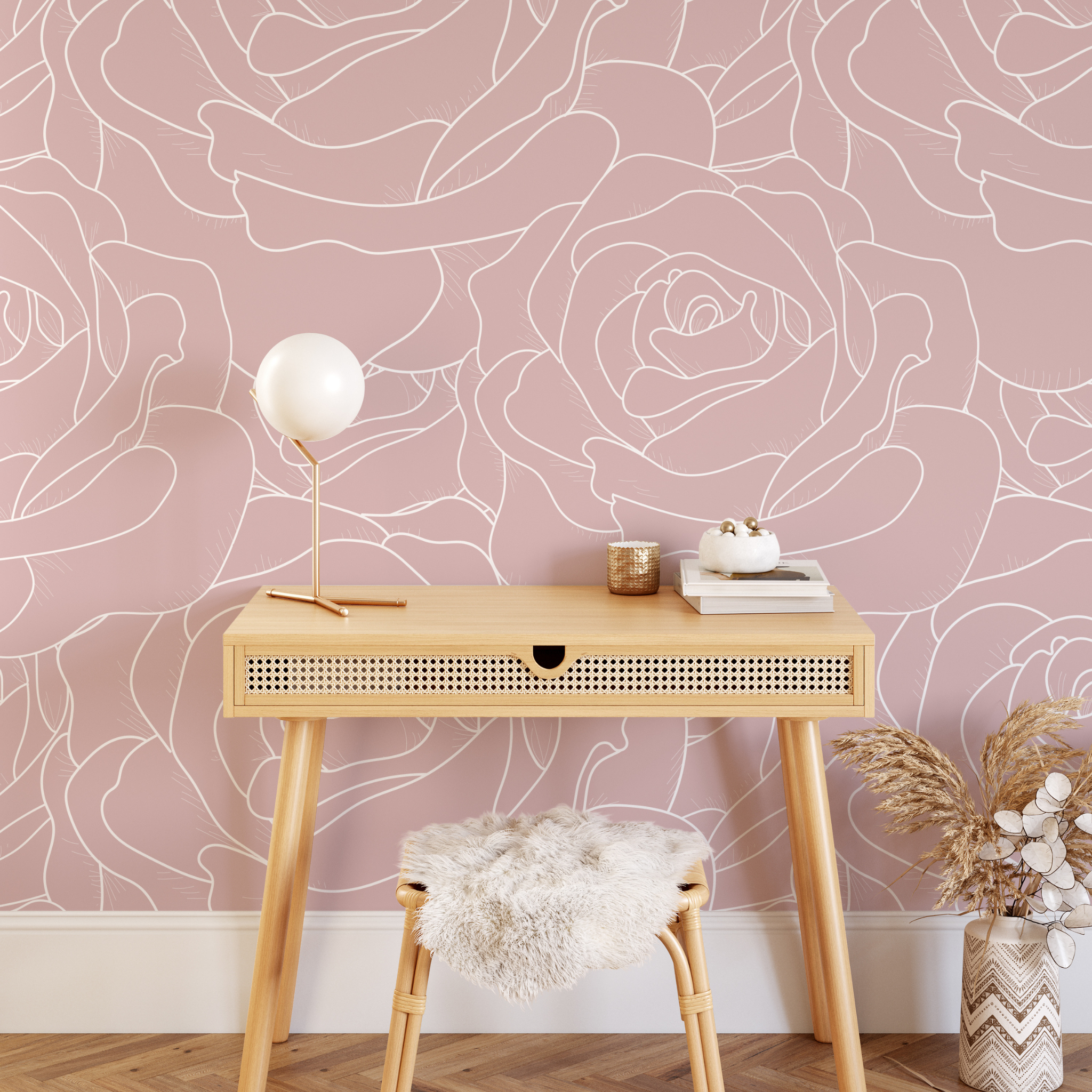 "Adelyn Wallpaper by Wall Blush featuring elegant floral design in a cozy home office setup."
(Note: The room type is assumed to be a home office based on the furniture and decor, however if the room serves a different purpose, please replace "home office" with the appropriate room type.)