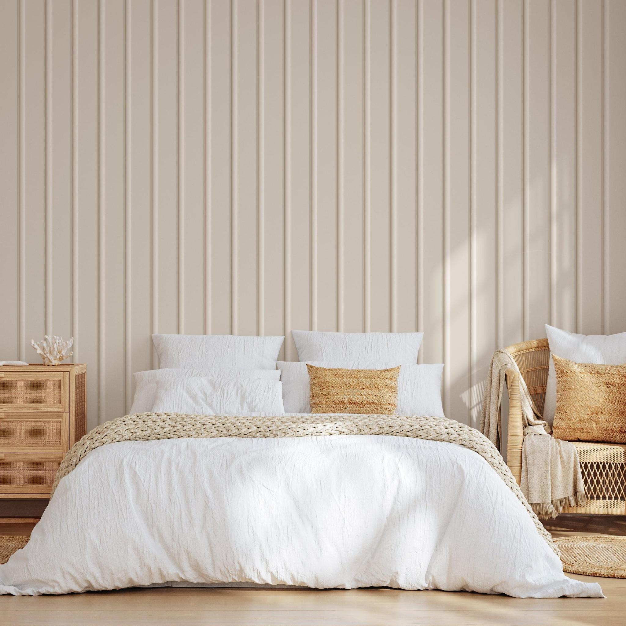 Cozy bedroom featuring Allison Wallpaper by Wall Blush SG02, creating a warm and inviting space.