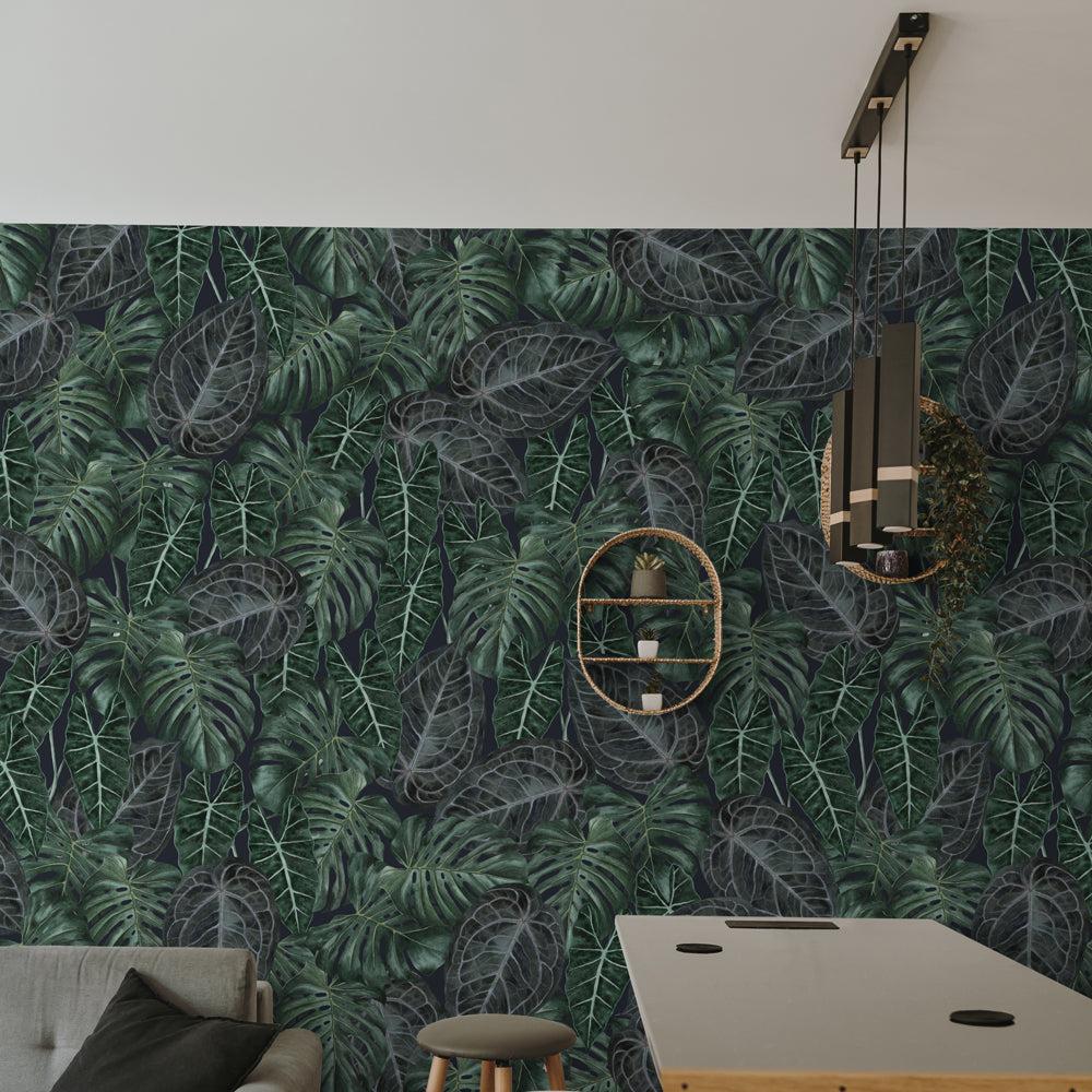Aloha Wallpaper by The Nida Jahain Line in a stylish home office with tropical leaf design.