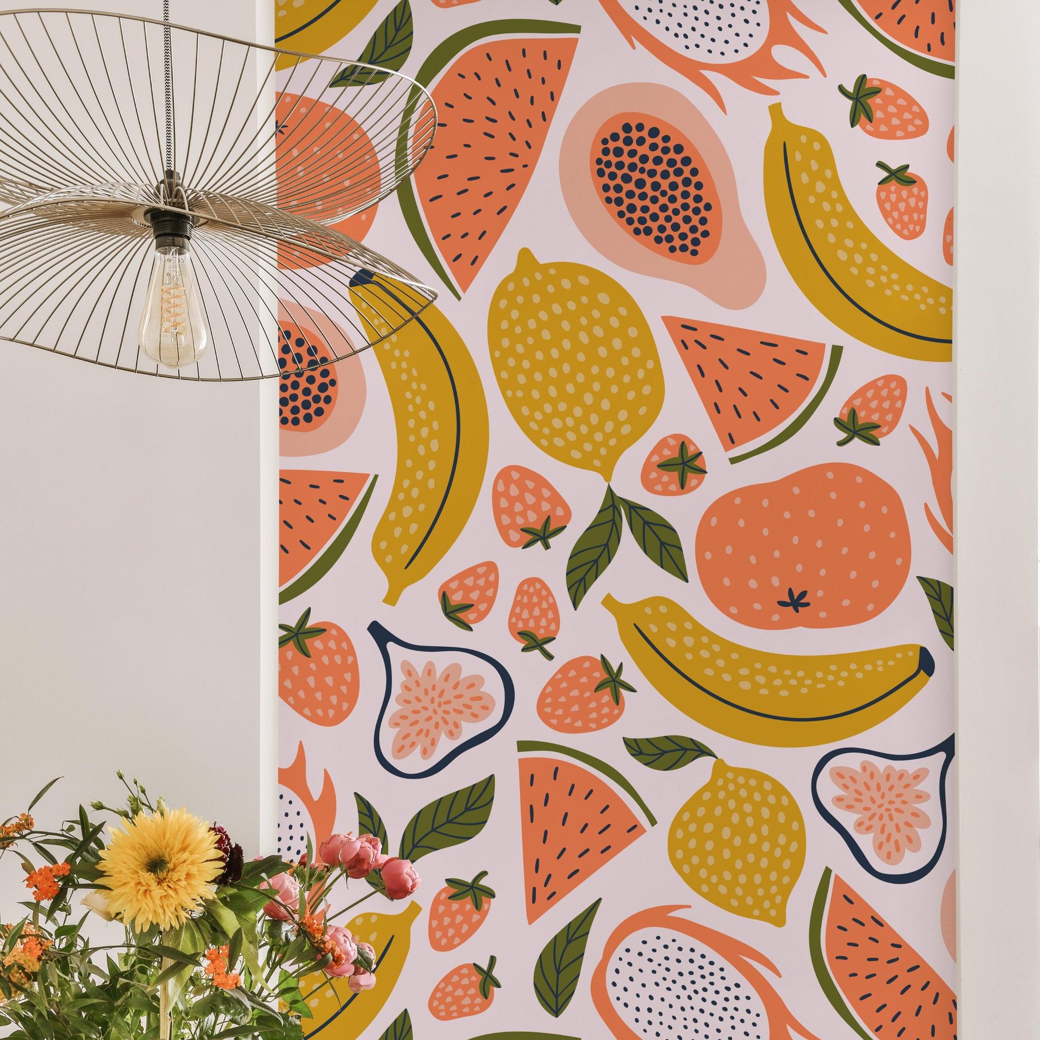 Ambrosia Wallpaper from Wall Blush SG02 featuring in a vibrant dining room, highlighted by colorful fruit patterns.