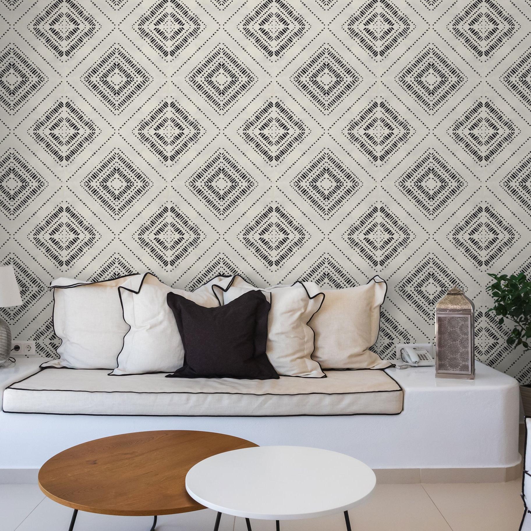Anomaly Wallpaper from The Clements Crew Line in a modern living room with geometric patterns as the focal point.
