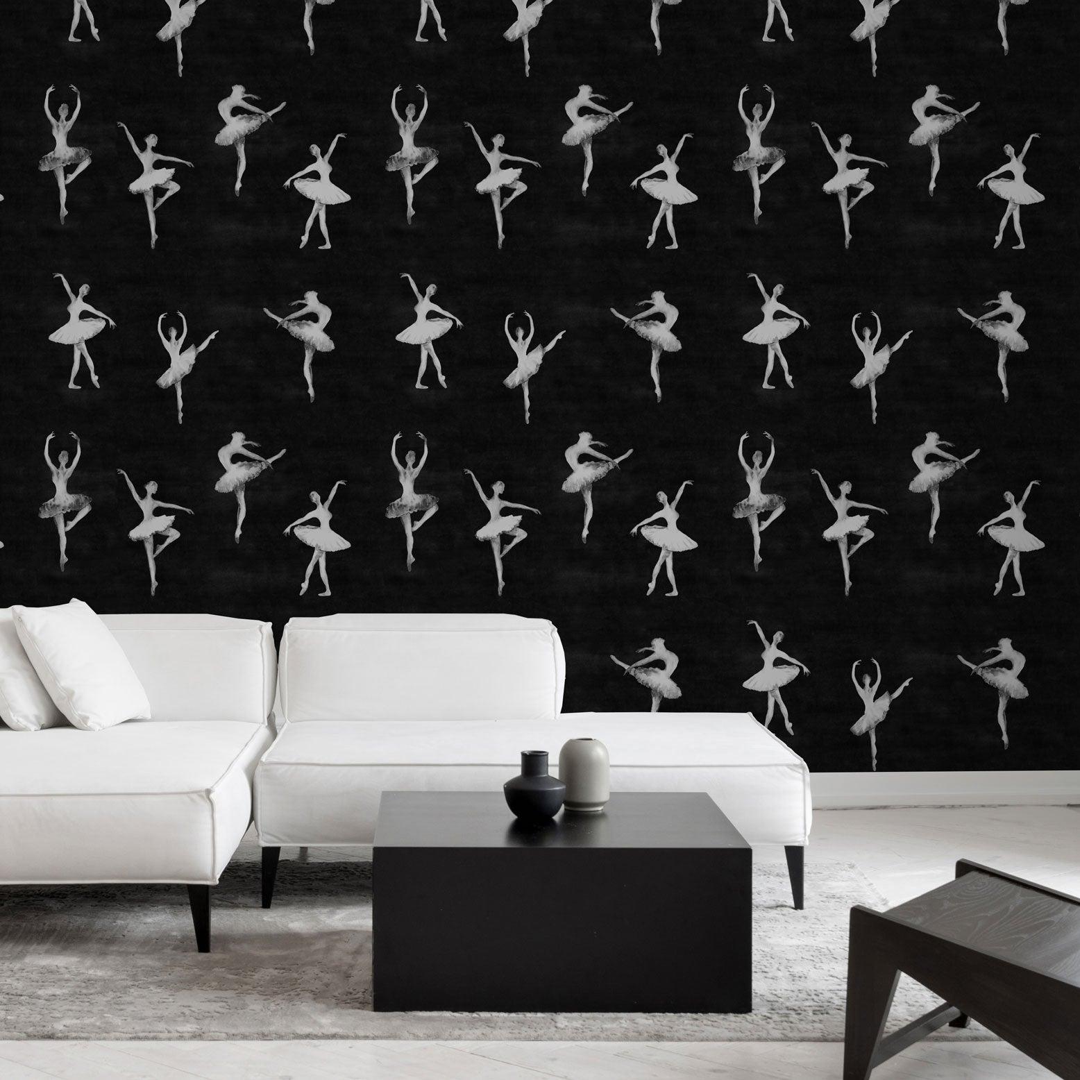 Wall Blush 'Attitude (Pattern Edition) Wallpaper' in a stylish living room, monochrome ballet design focus.