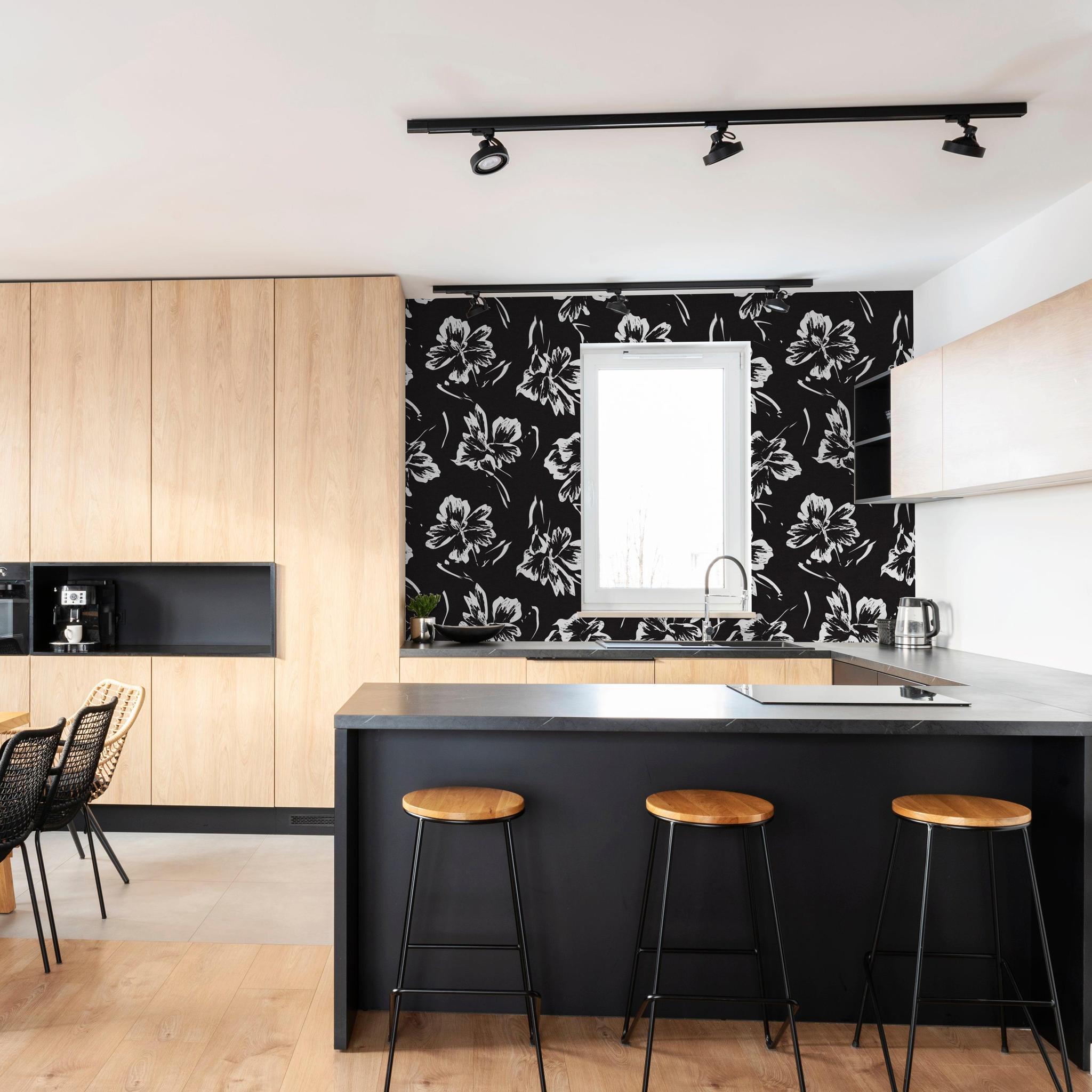 Modern kitchen showcasing La Jolla floral pattern wallpaper from Wall Blush AW01 collection.