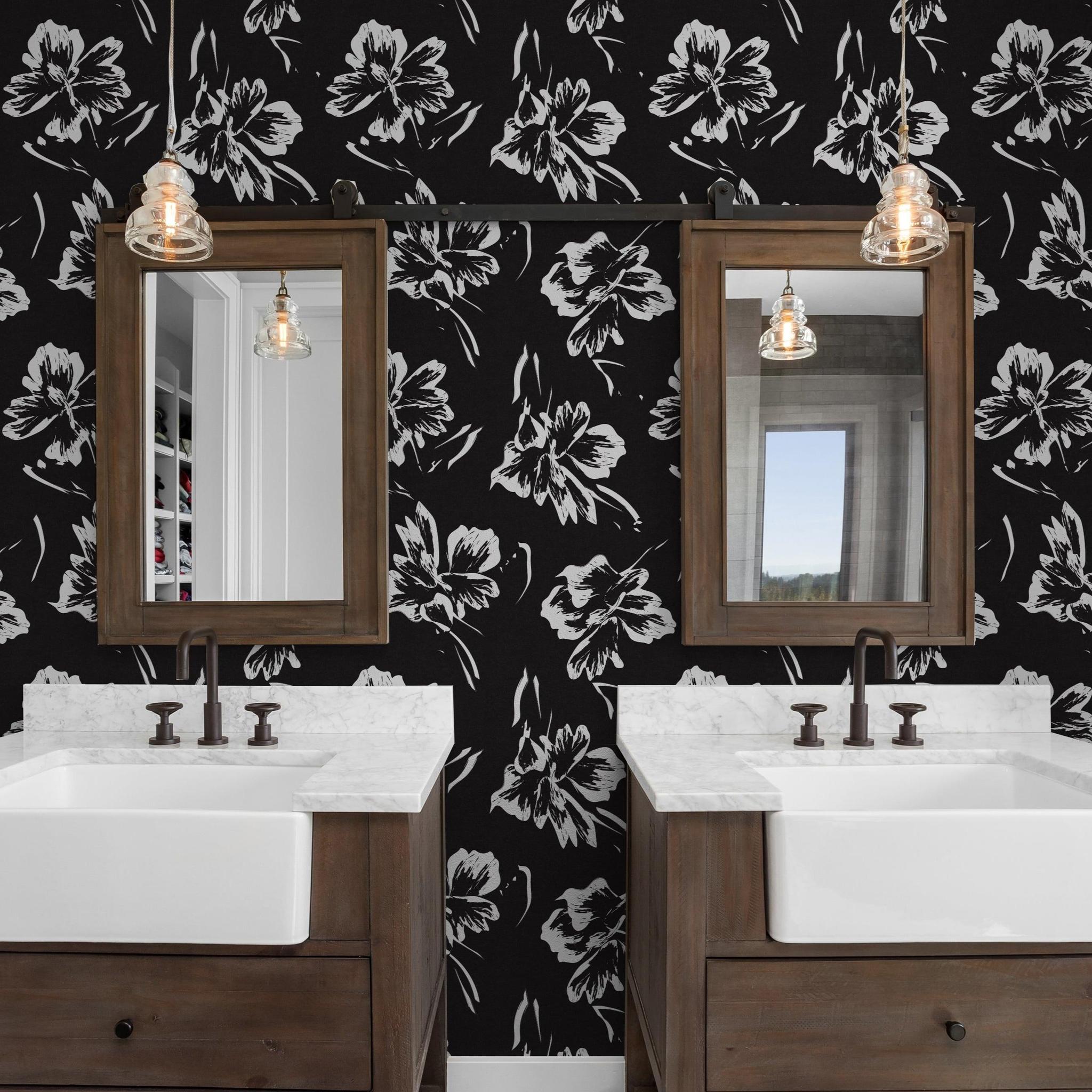 La Jolla design Wall Blush AW01 wallpaper in a modern bathroom with dual sinks and pendant lights.