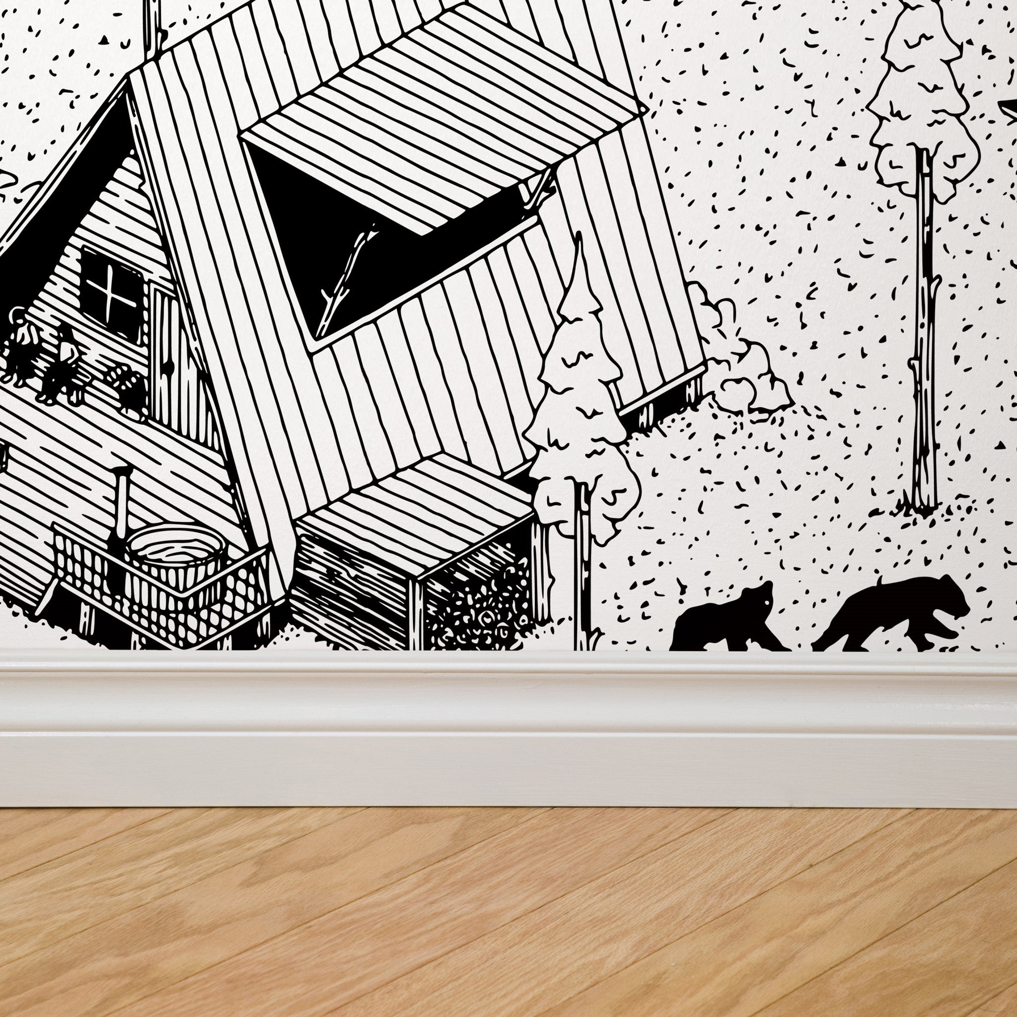 "Cabin Cove Wallpaper by Wall Blush in a stylish home setting, intricate monochrome scenic design focus."