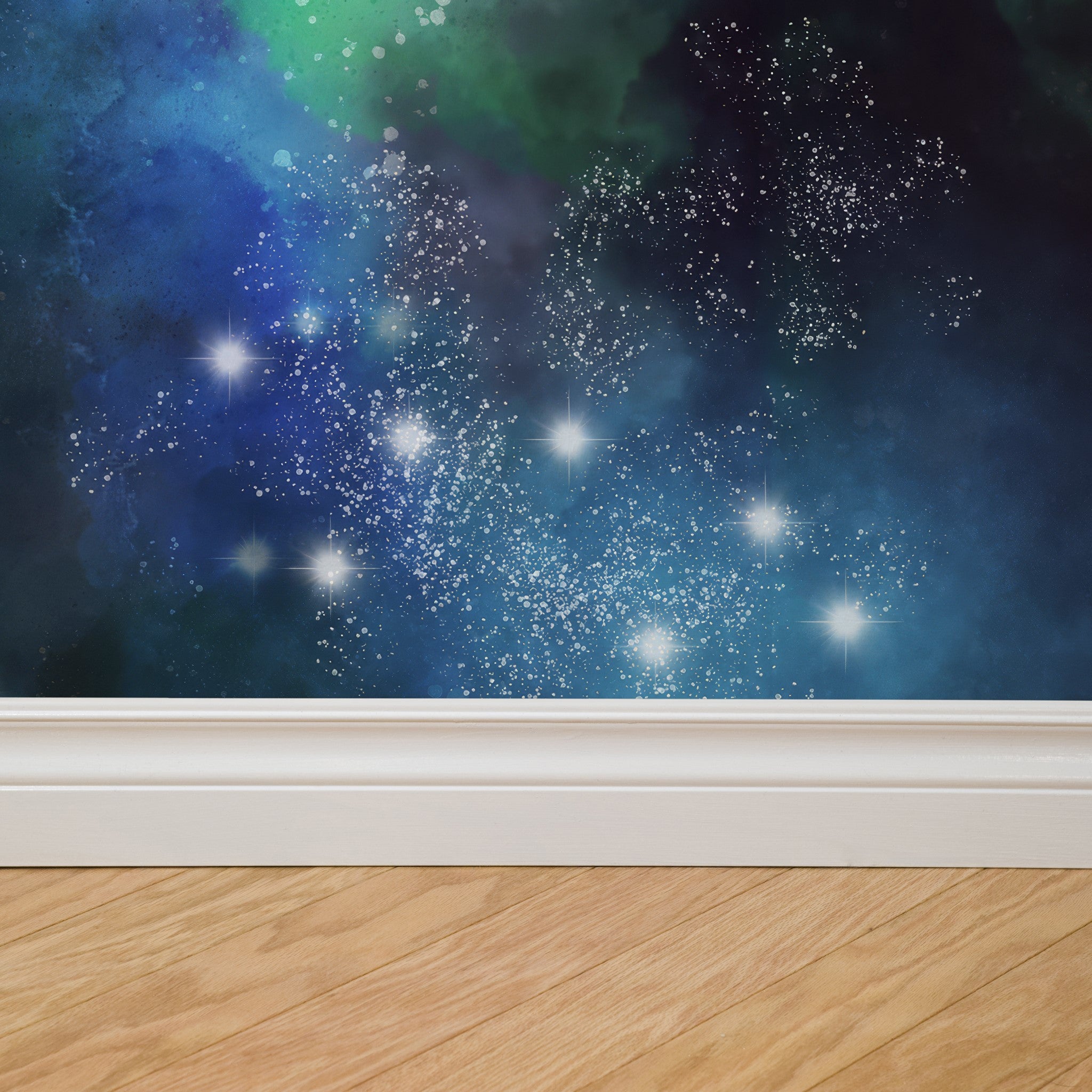 "Wall Blush's Infinity Wallpaper in a living space, showcasing starry celestial design as the focal point."