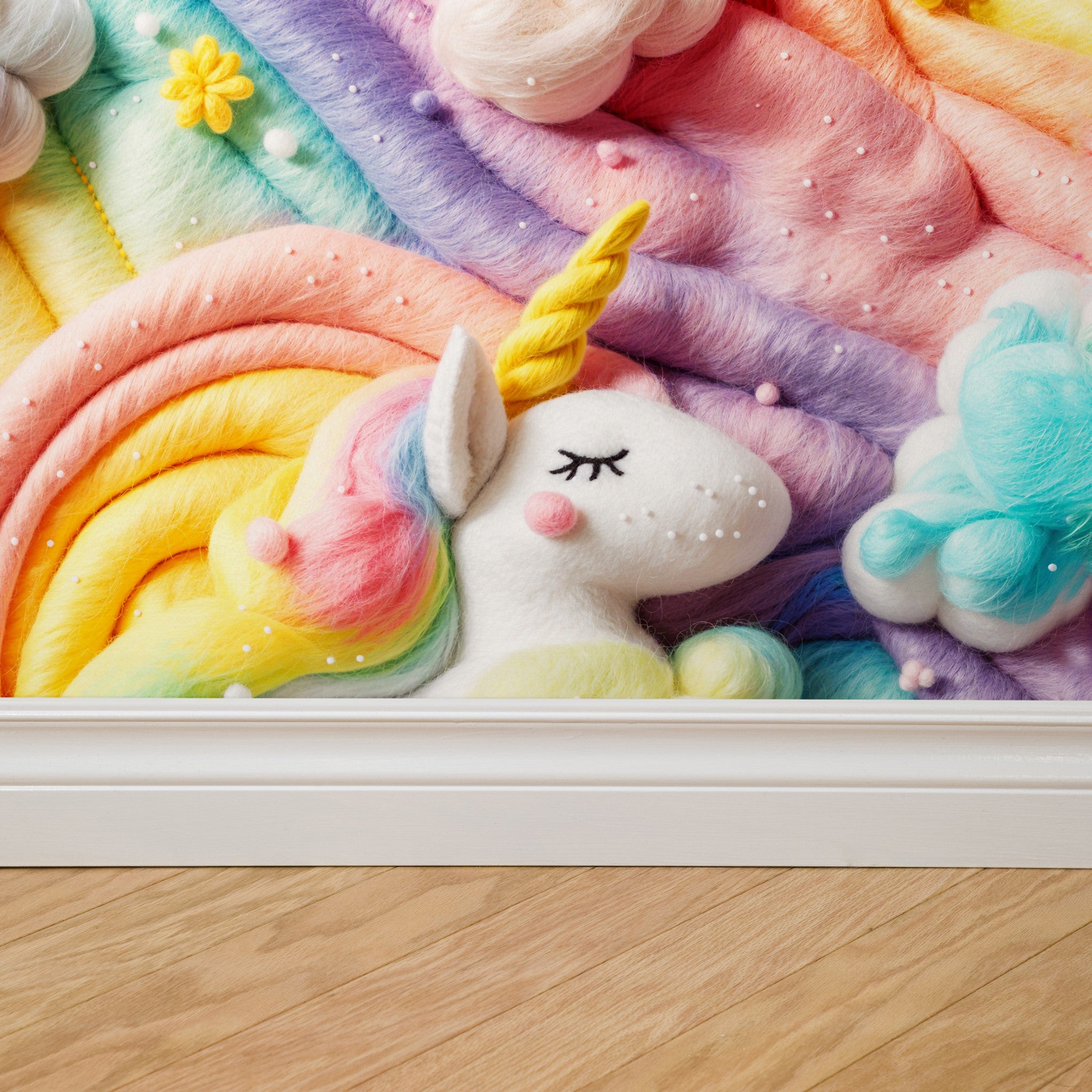 "Wall Blush Starlite Wallpaper adding a whimsical touch to a child's room, with colorful unicorn design."