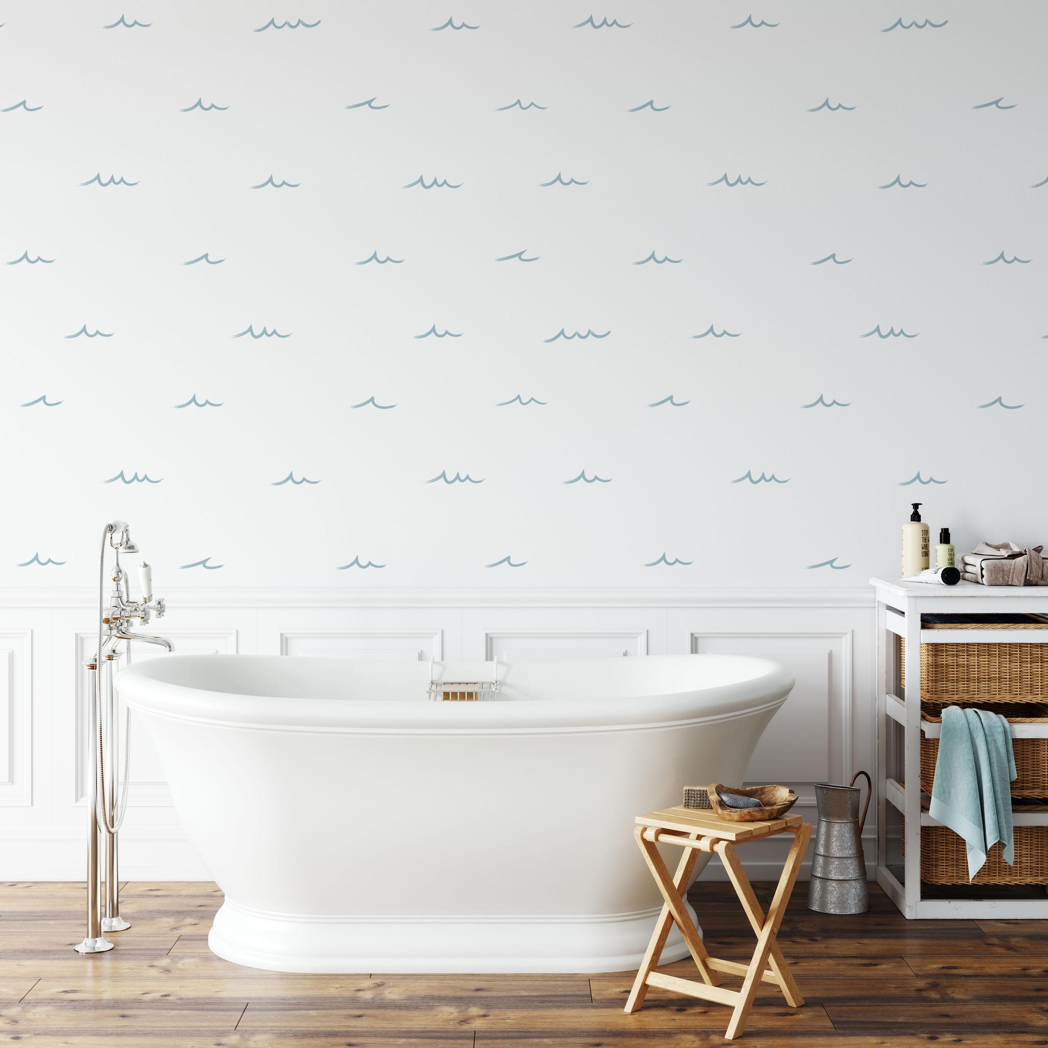"Waves of Blue wallpaper by Wall Blush enhancing a serene bathroom decor with stylish nautical theme."