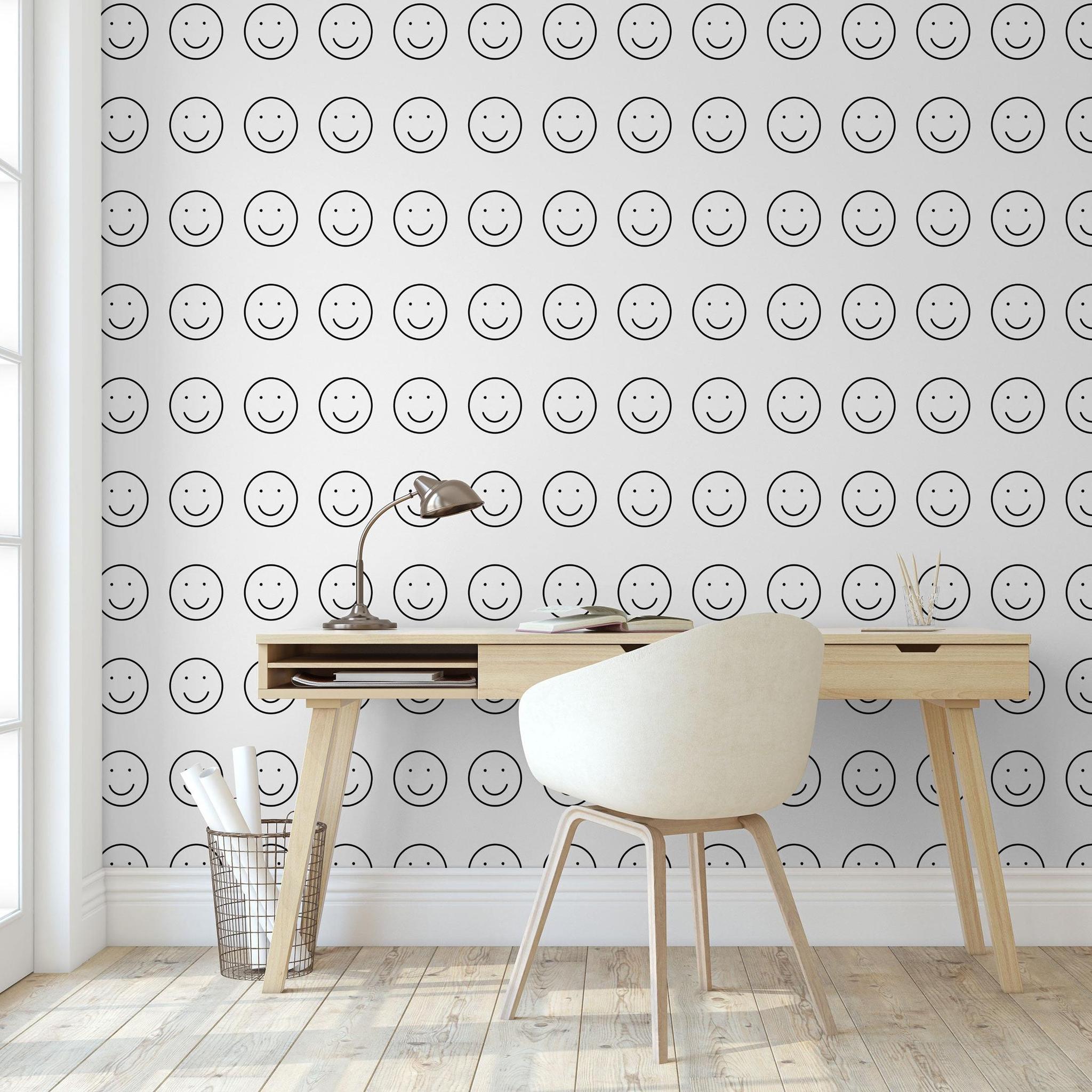 Be Happy Wallpaper by Wall Blush SG02 in cozy modern home office with focus on stylish wall decor.