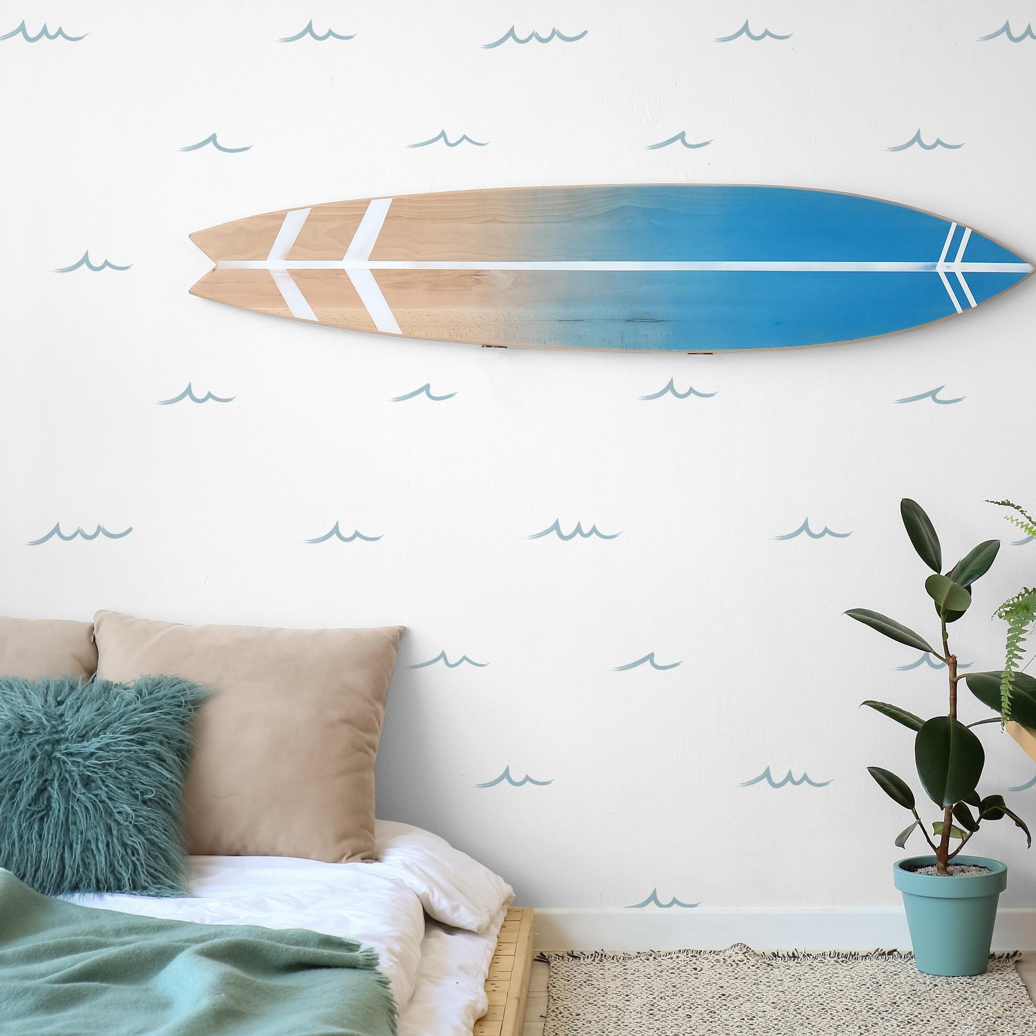 Waves of Blue wallpaper by Wall Blush AW01 featured in a cozy bedroom setting.