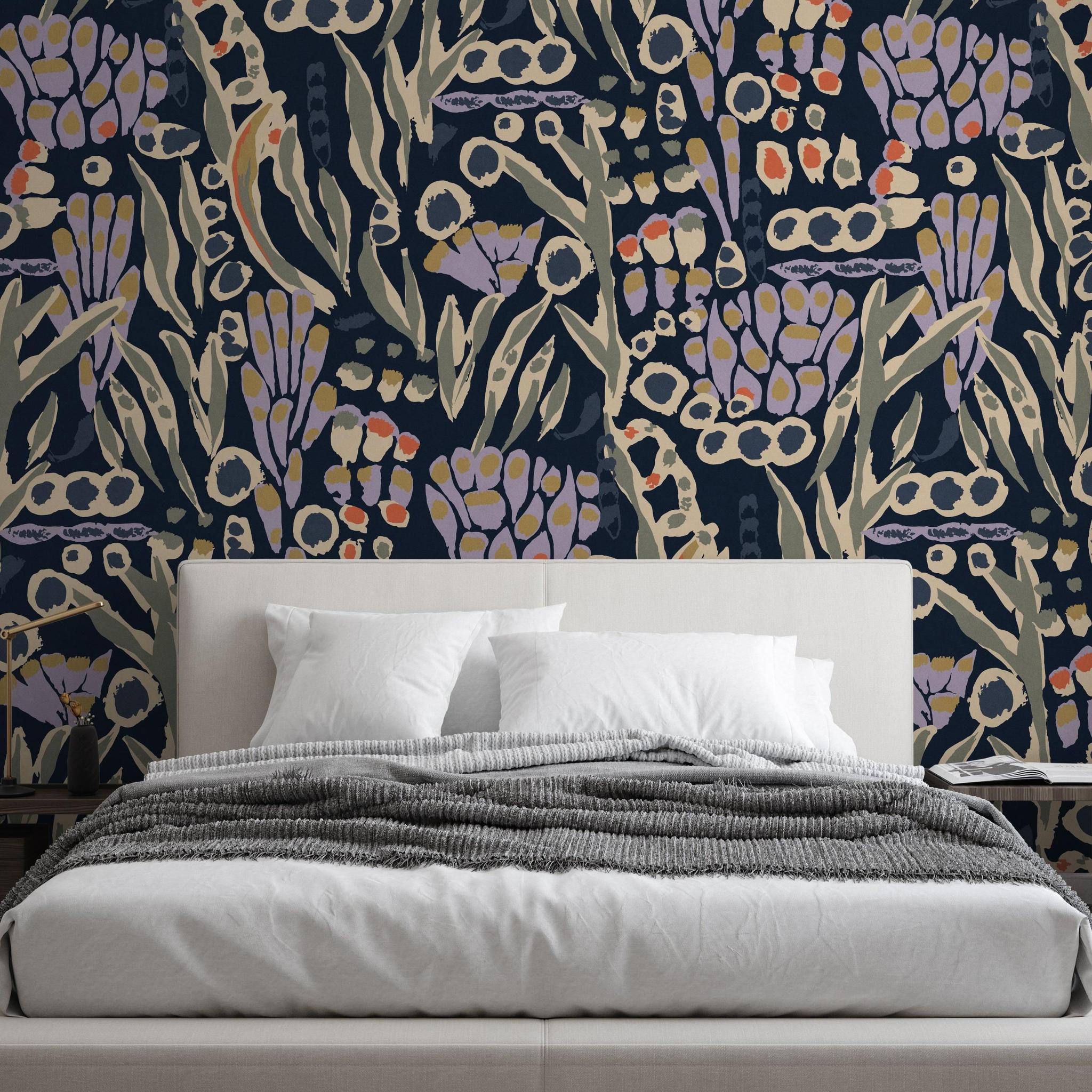 Wall Blush SG02 Bindi Wallpaper accentuating a modern bedroom decor, floral pattern focus.