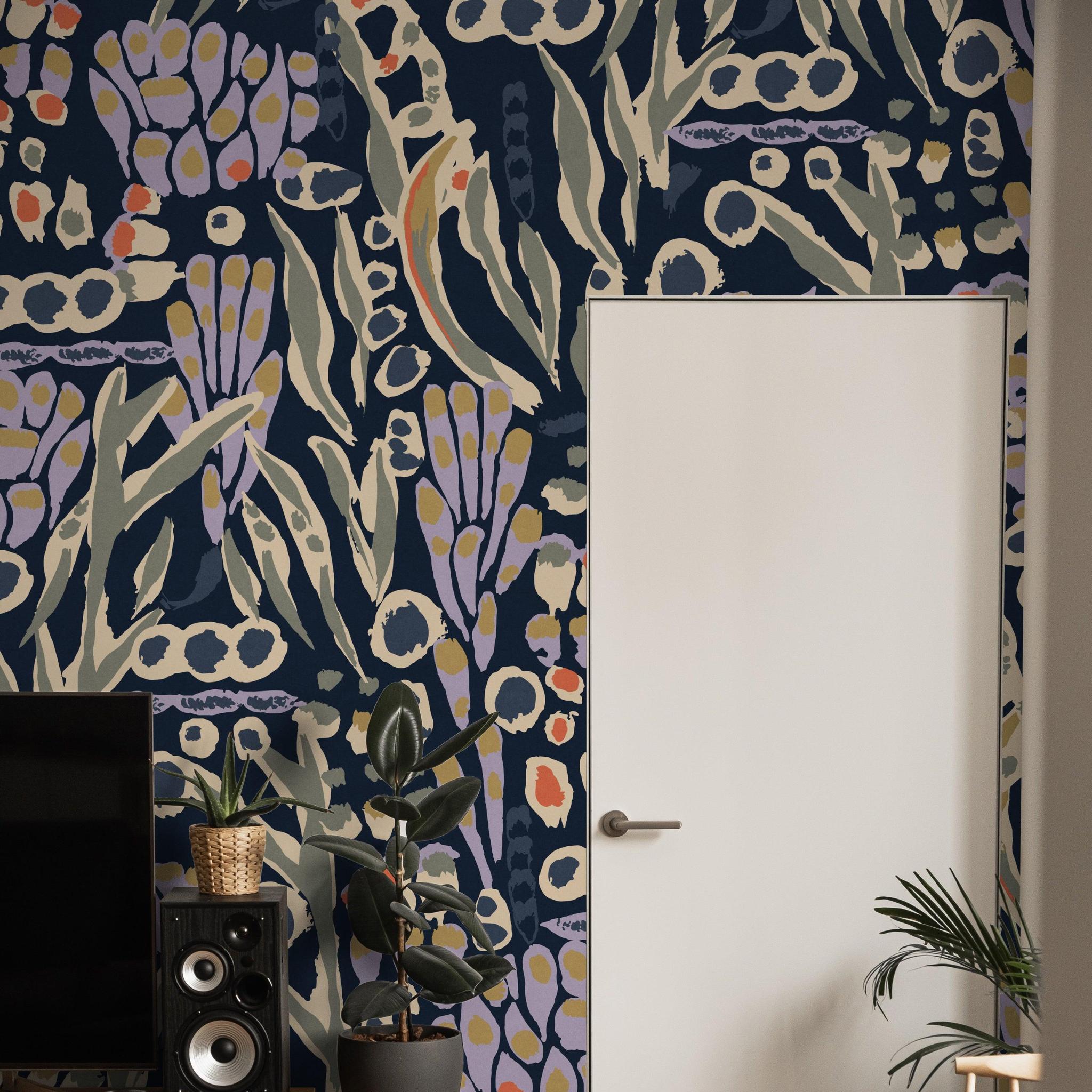 Bindi Wallpaper by Wall Blush SG02 in a stylish living room featuring bohemian design accents and focus on wall decor.