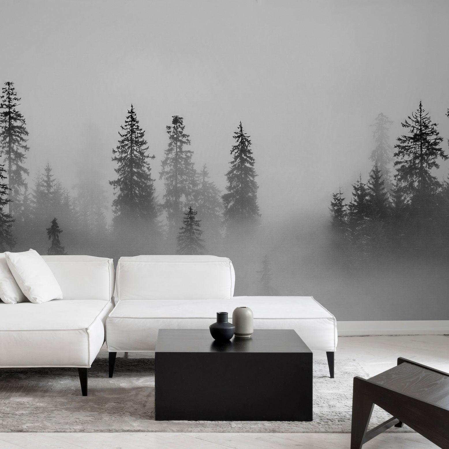 Wall Blush SG02 Black Pine Wallpaper in a modern living room with minimalist furniture, focusing on the detailed pine trees design.