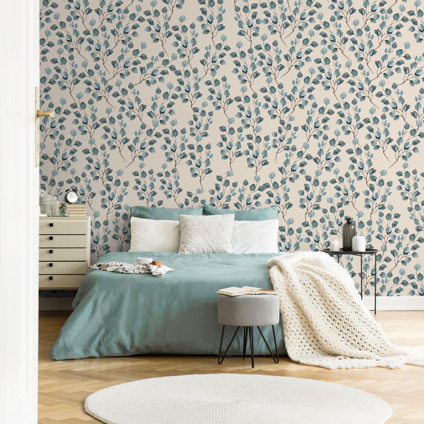 Wall Blush Paisley & Stone Wallpaper accentuating a modern bedroom's interior decor and ambiance.