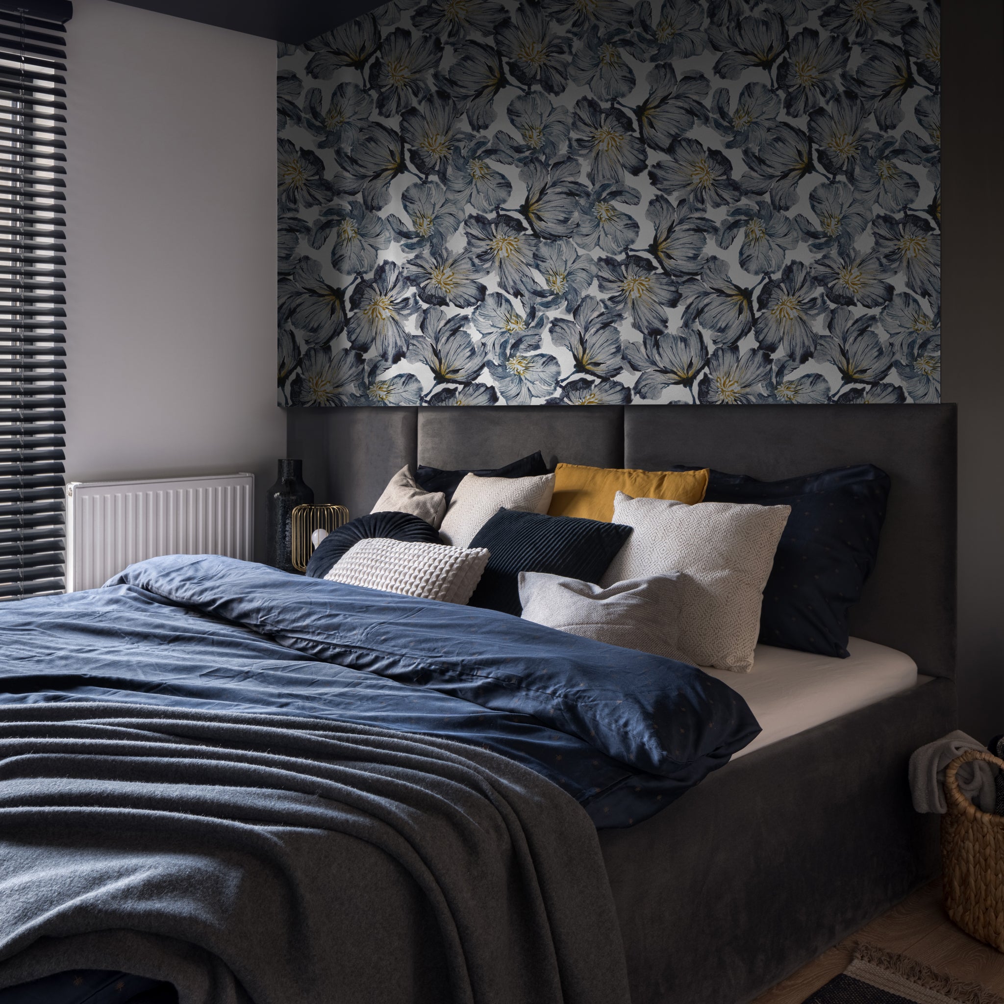 Elegant Brie Wallpaper by Wall Blush in modern bedroom, showcasing large floral design as focal point.