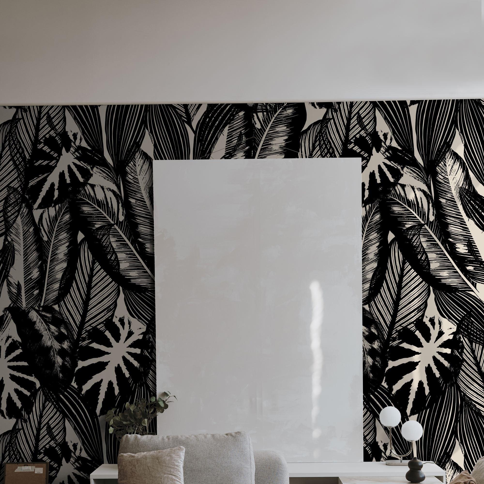 Chloe Wallpaper from The Stefanie Bloom Line in a modern living room, showcasing bold leaf patterns.