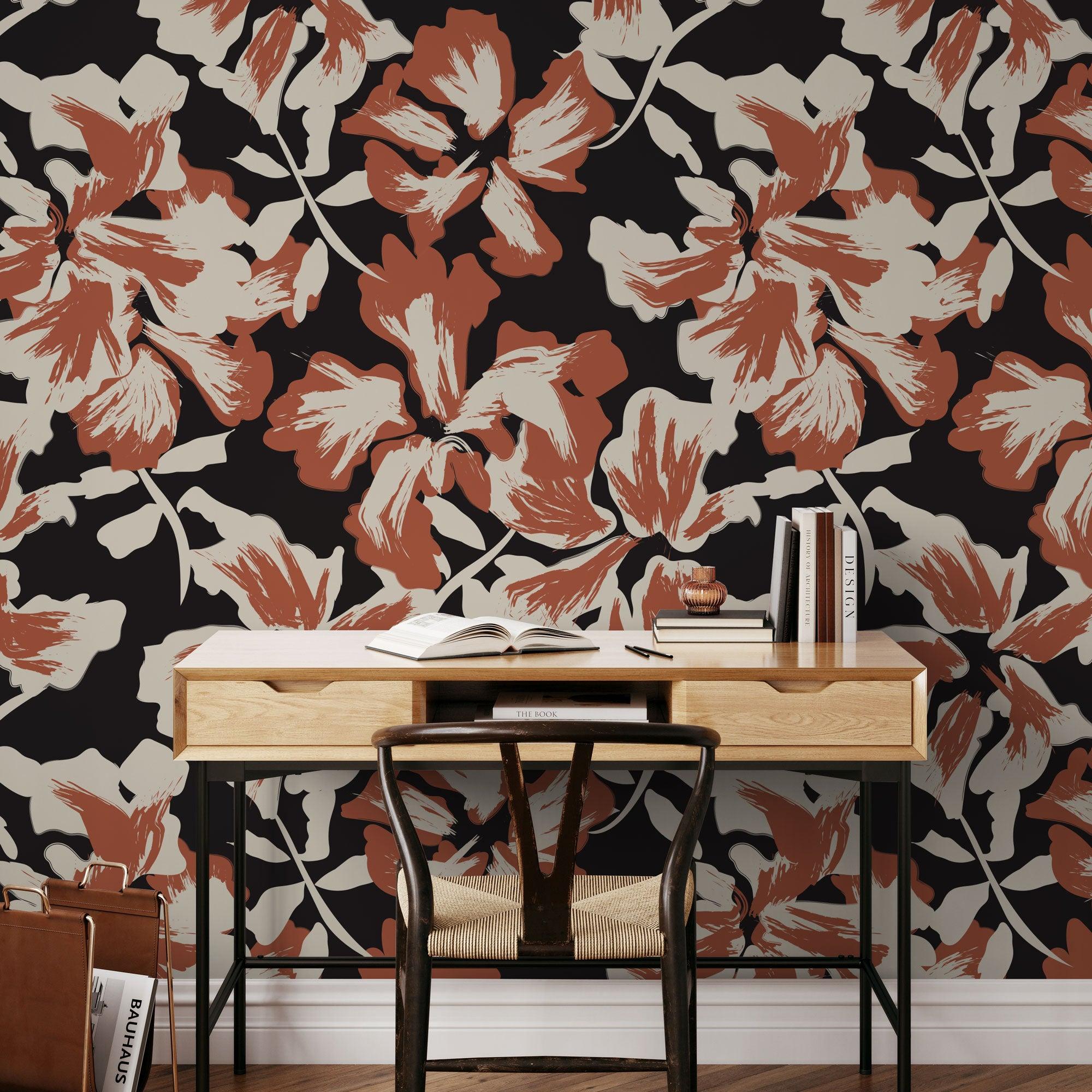 Clare Wallpaper by Wall Blush SG02 in a stylish home office with floral pattern focus