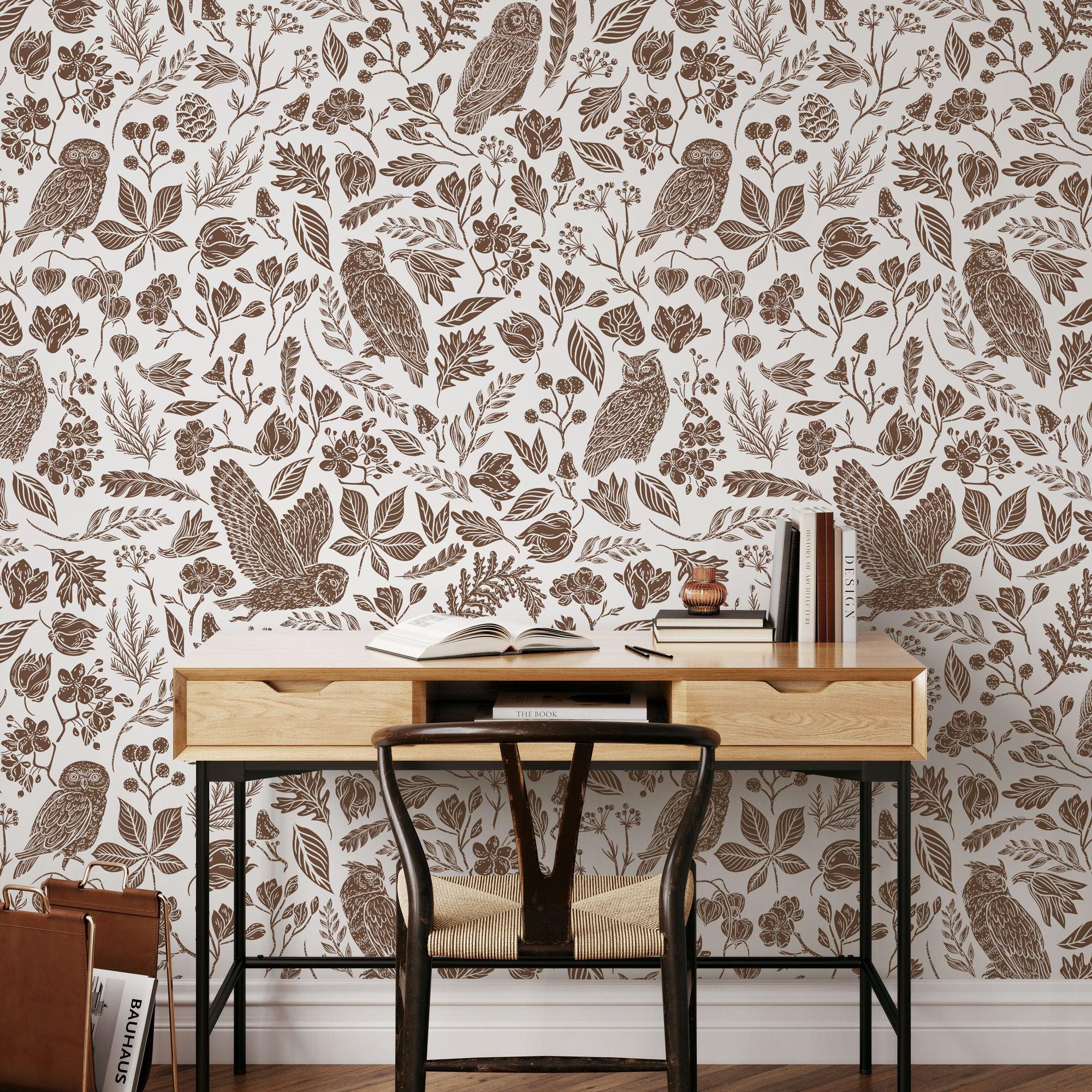 Elegant home office showcasing Cottonwood Wallpaper by Wall Blush SG02, with nature-inspired design.