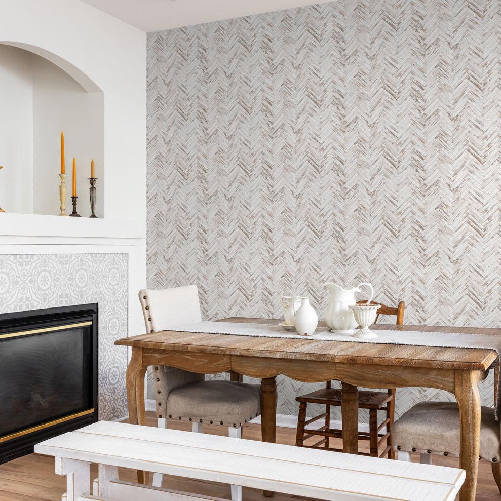 CUT Above The Rest Wallpaper from The Tamra Judge Line in a stylish dining room setting, focusing on wall decor.