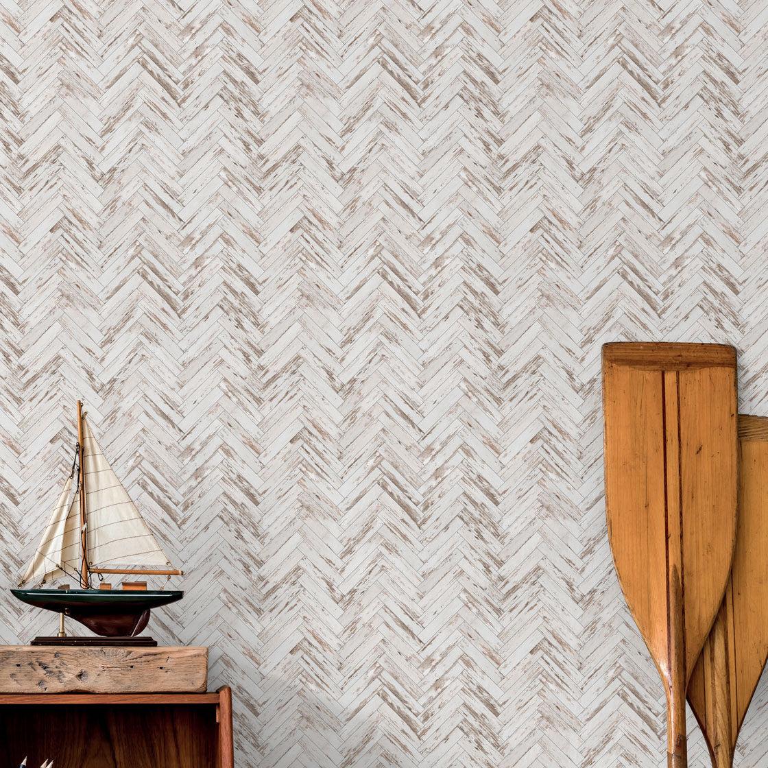 Stylish study room featuring The Tamra Judge Line's 'CUT Above The Rest Wallpaper' with herringbone design.