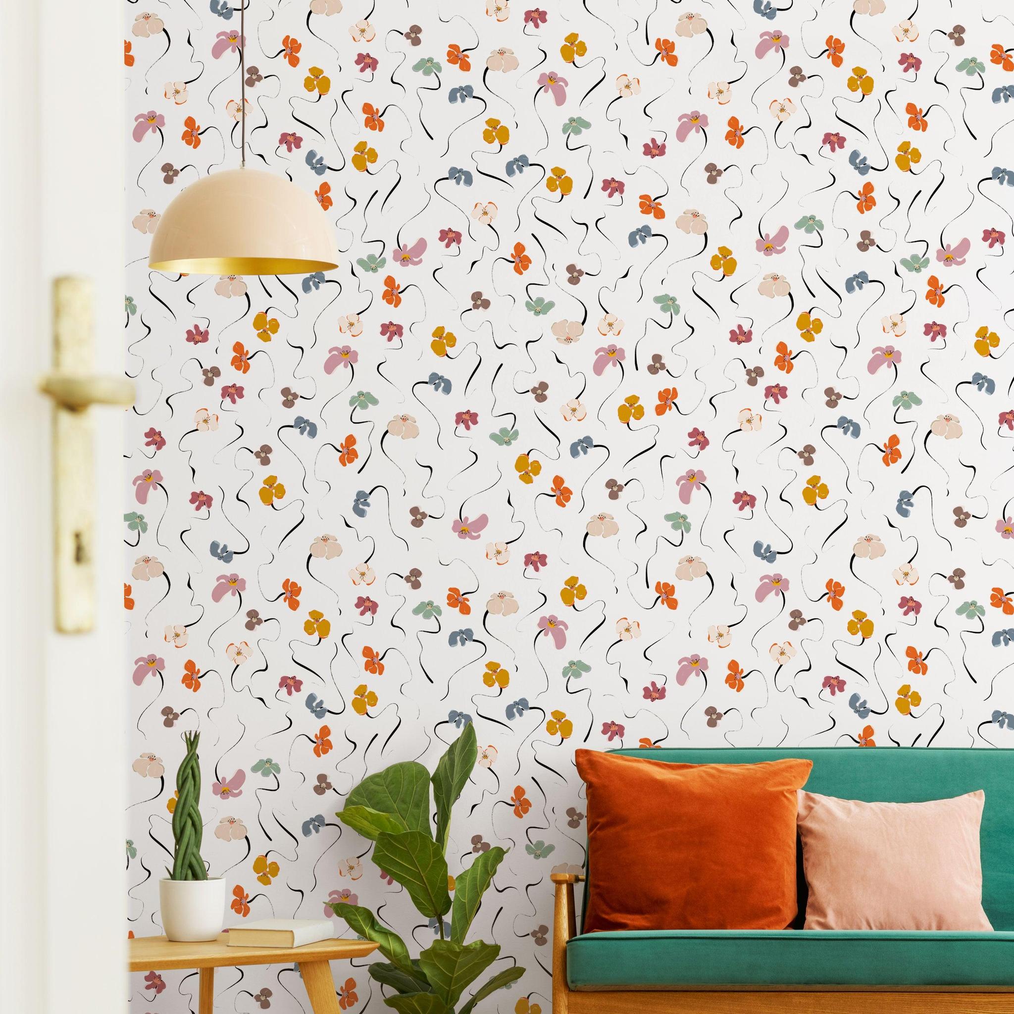 Dream On Wallpaper by Wall Blush SG02 in a cozy living room with vibrant floral pattern focus